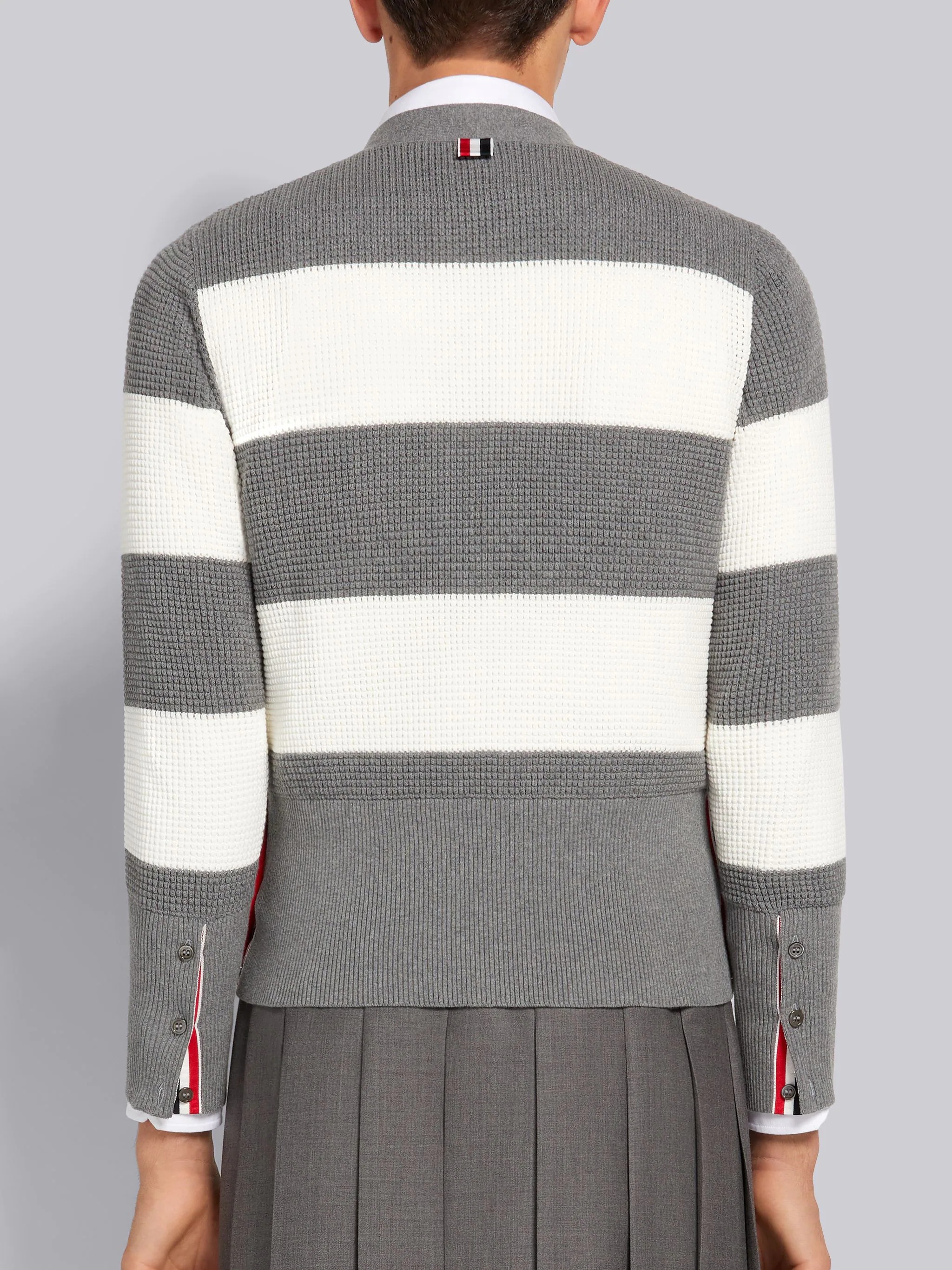 Light Grey Cotton Textured Rugby Stripe Classic Fit Cardigan - 3