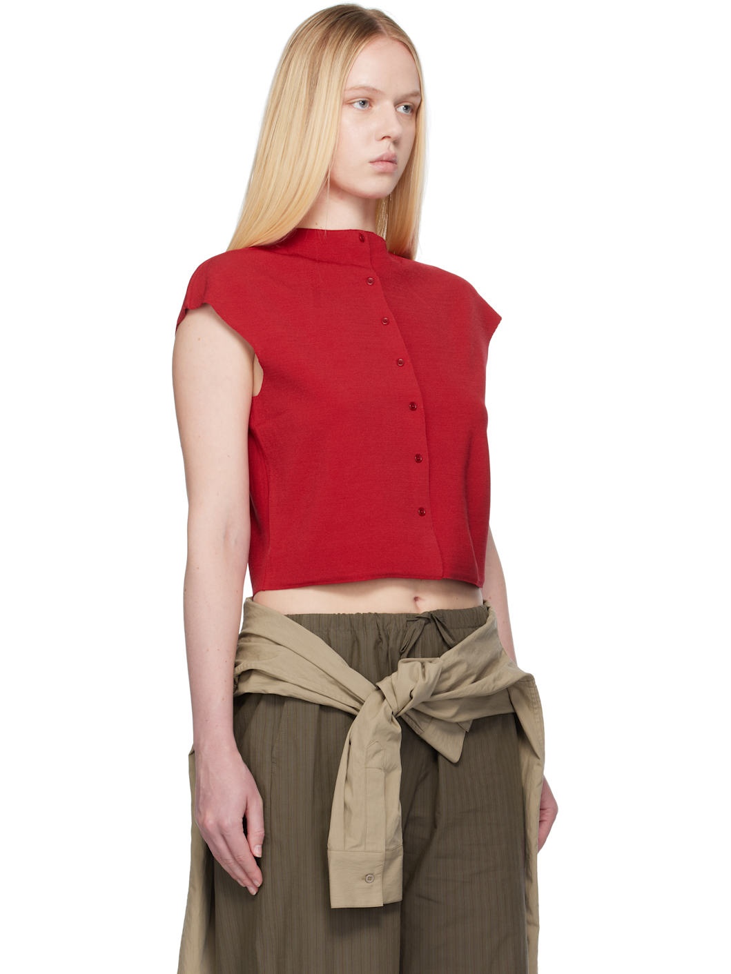 Red Wholegarment Cap Sleeve Cardigan Vest - 2