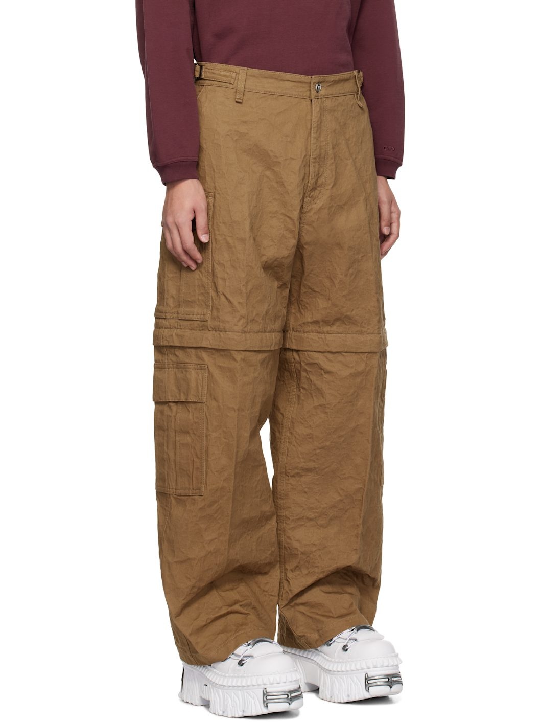 Beige Metalized Wrinkled Cargo Pants - 2