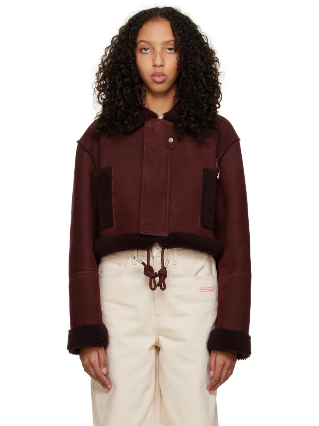 Burgundy Cropped Shearling Jacket - 1