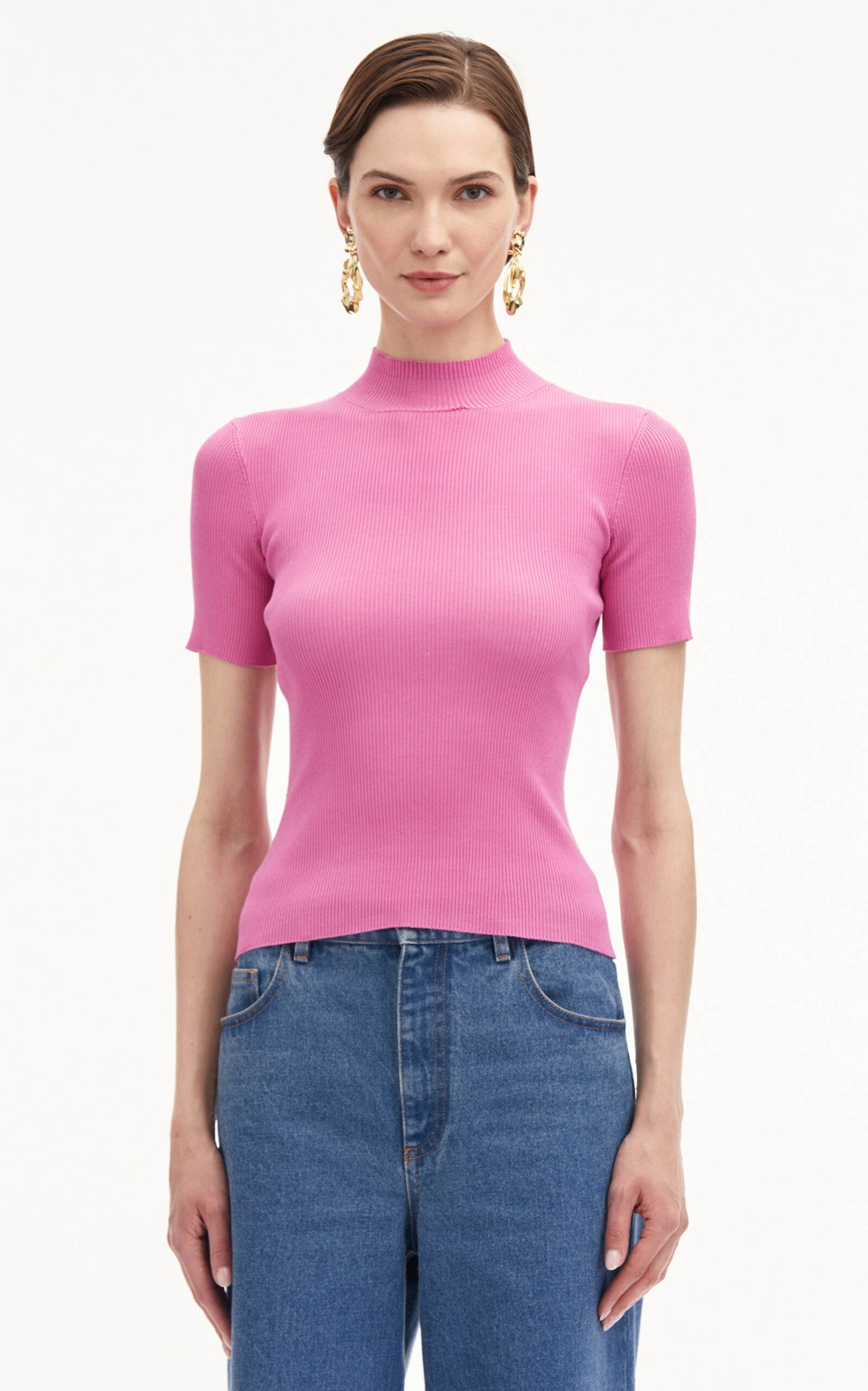 Short Sleeve  Mock Neck Pullover pink - 4