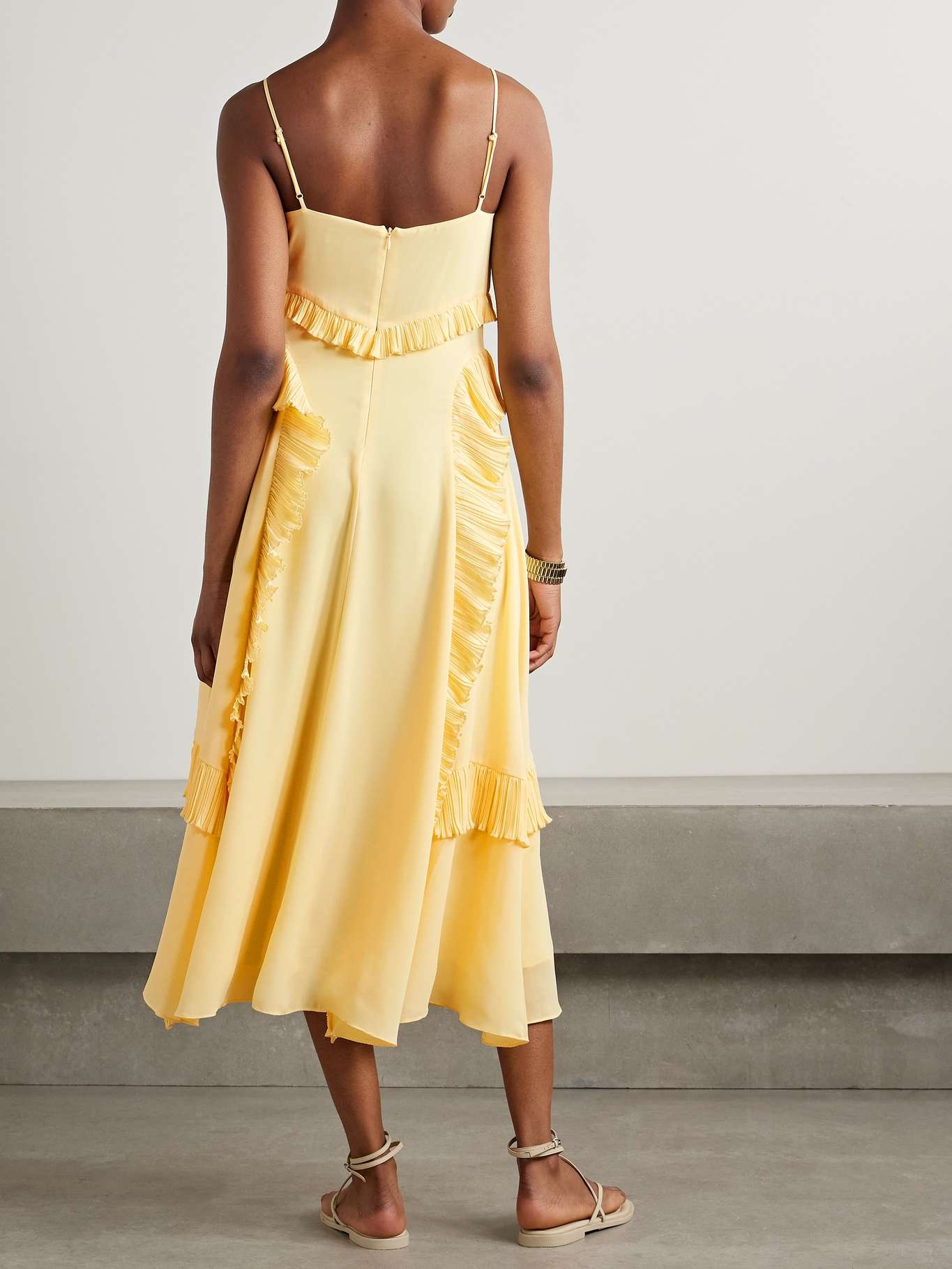 Delilah ruffled plissé-trimmed crepe de chine midi dress Pastel yellow - 4