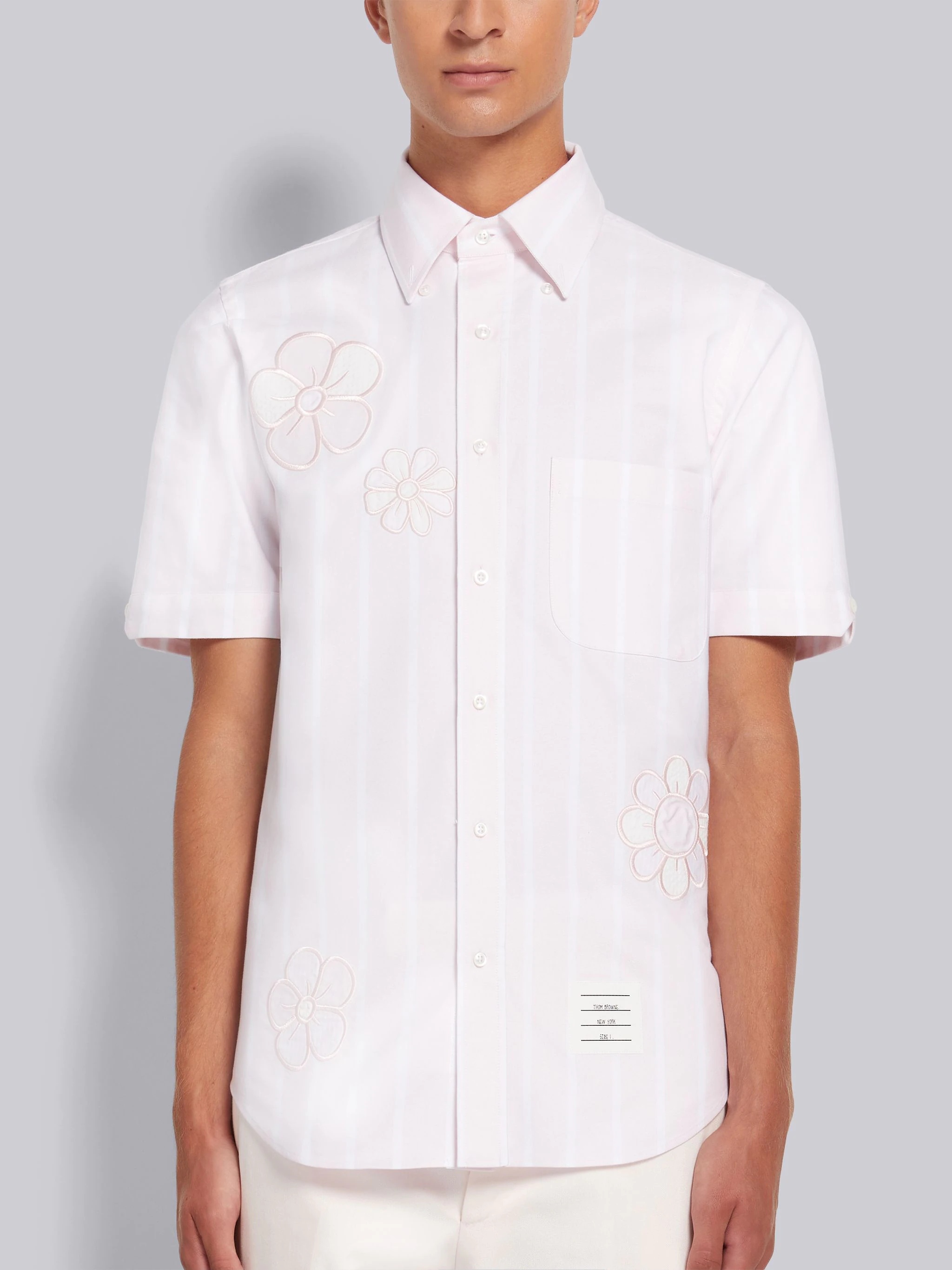 Light Pink Satin Stitch Floral Applique Straight Fit Short Sleeve Shirt - 3