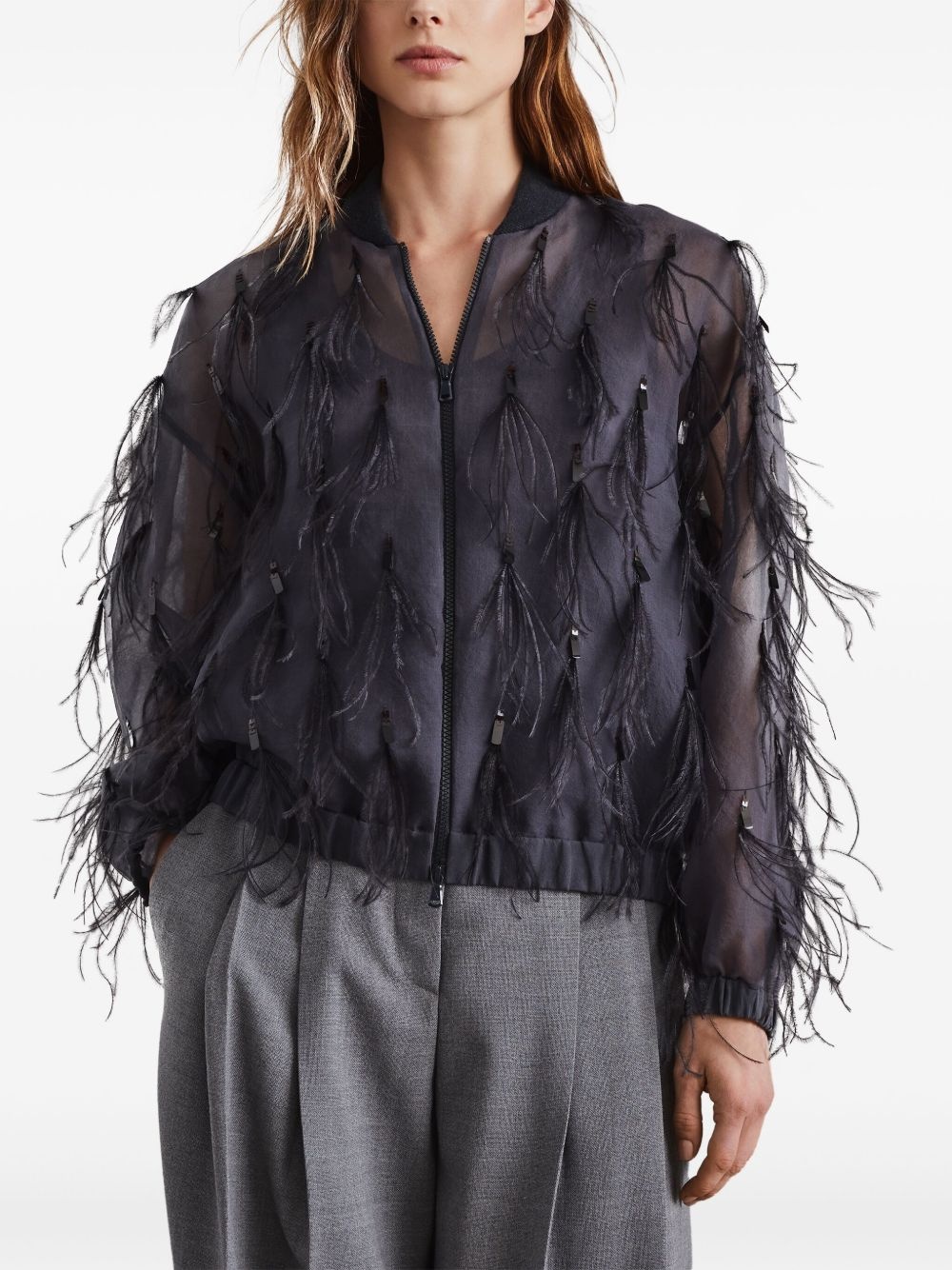 feather-embellished satin jacket - 3