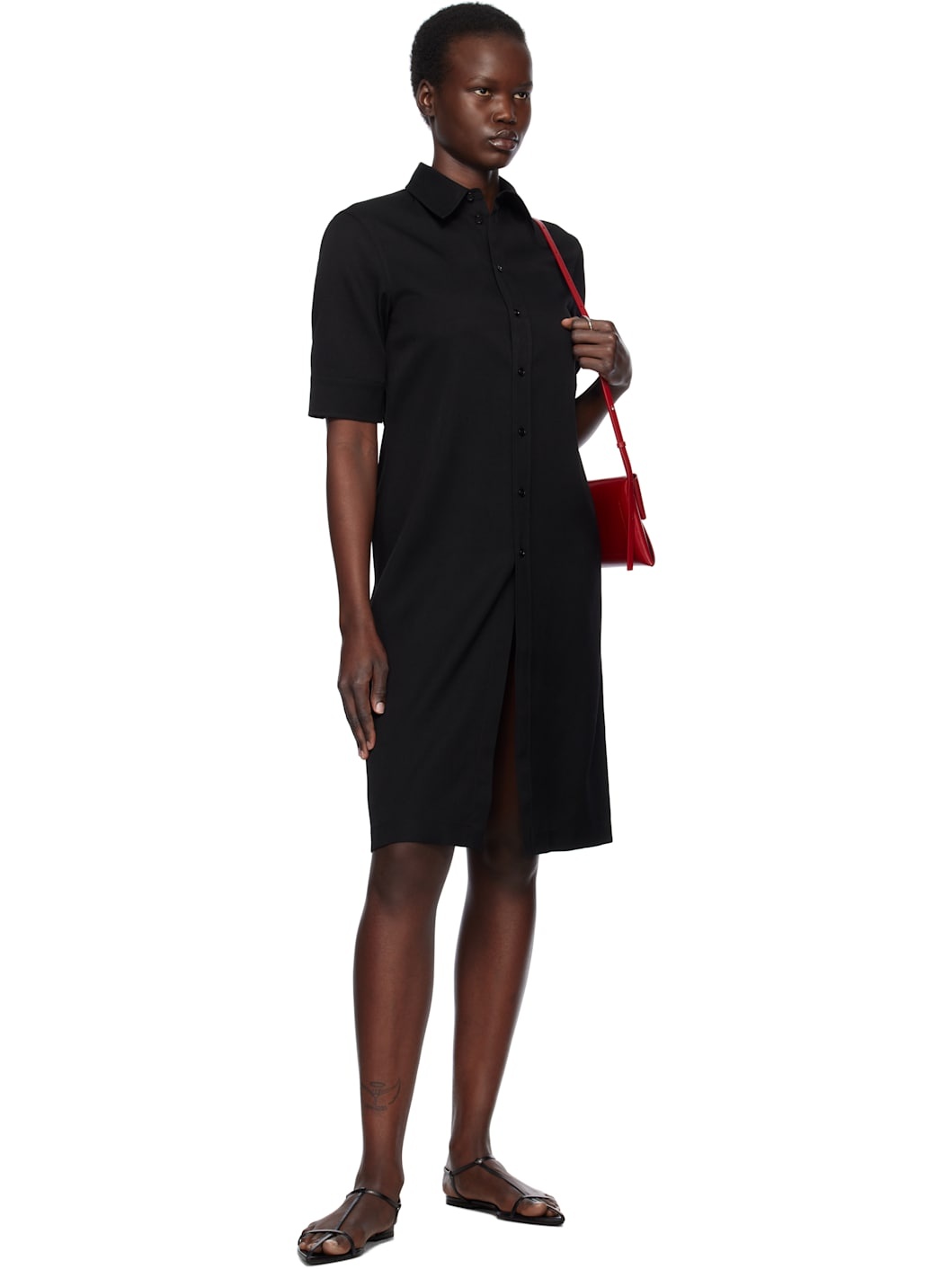 Black Lightweight Wool Gabardine Midi Dress - 5