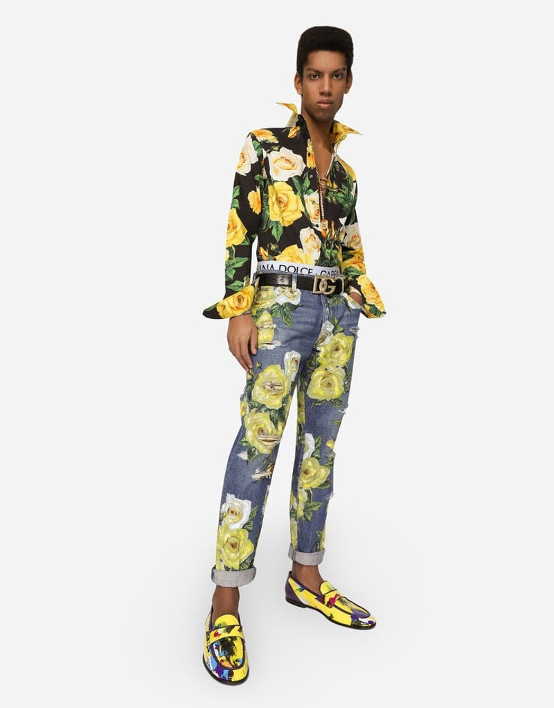 Dolce & Gabbana Loose blue denim jeans with all-over rose print outlook