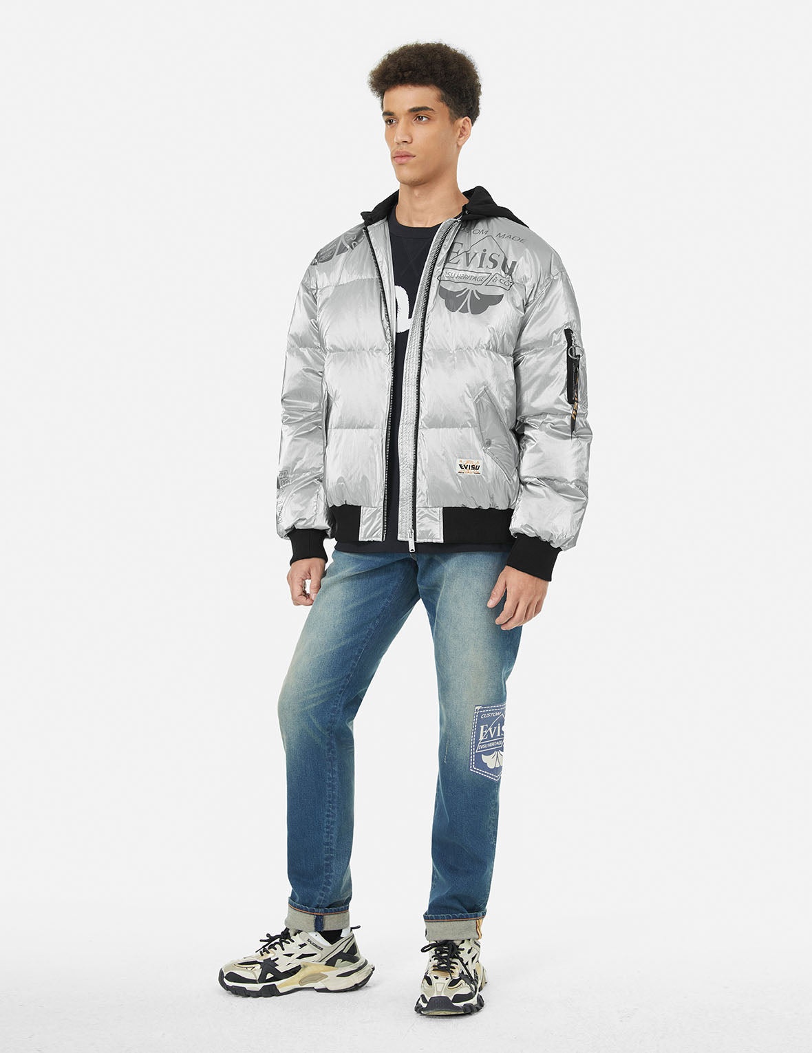 Logo and Kamon Print Bomber Down Jacket - 3