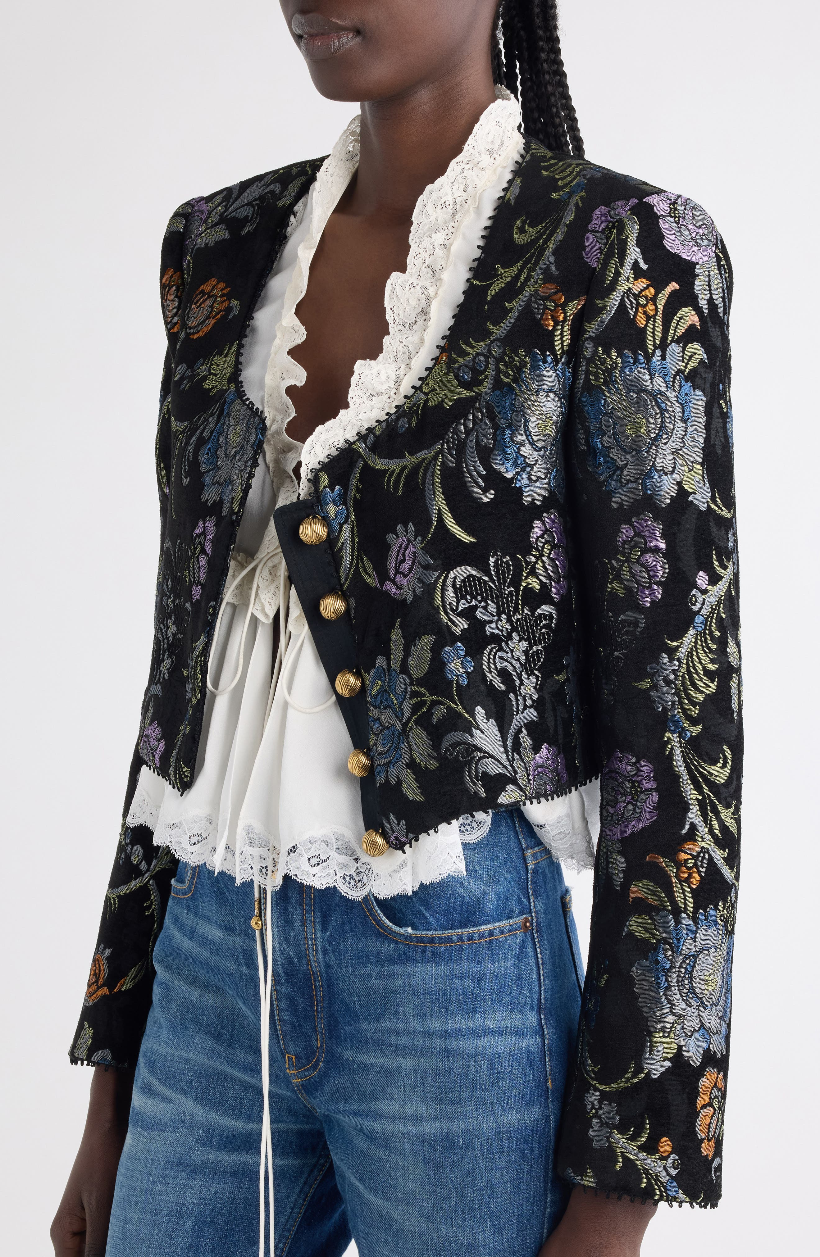 Chloé Floral Tapestry Jacquard Crop Jacket in Multicolor Black at Nordstrom - 5