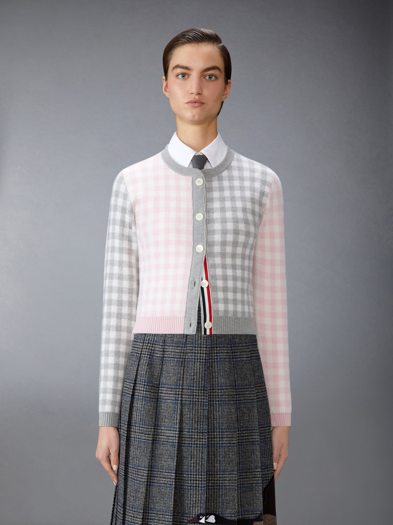 Thom Browne FUNMIX GINGHAM CHECK JACQUARD MERINO WOOL CARDIGAN outlook