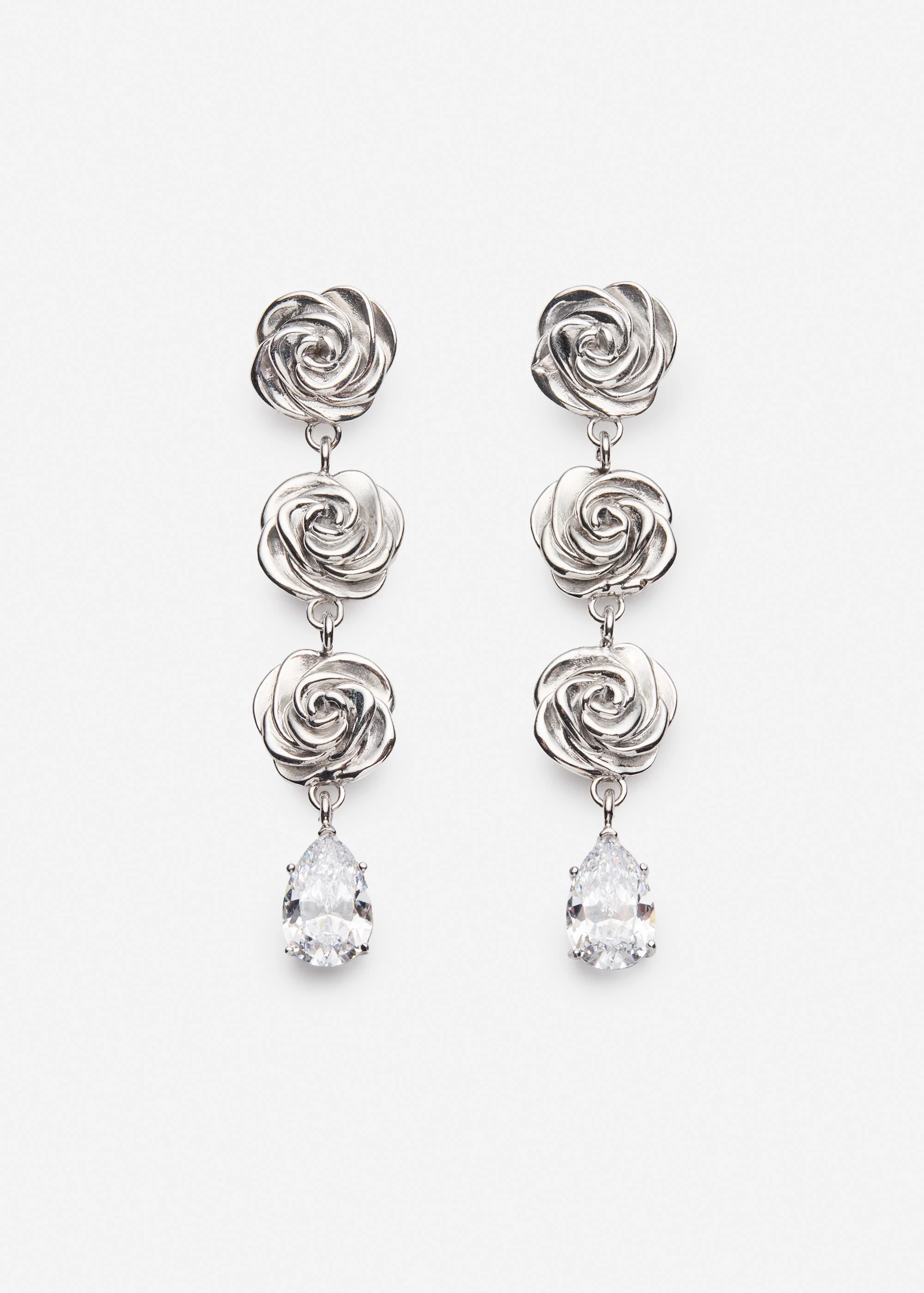 Triple rose crystal drop earrings in silver - 1
