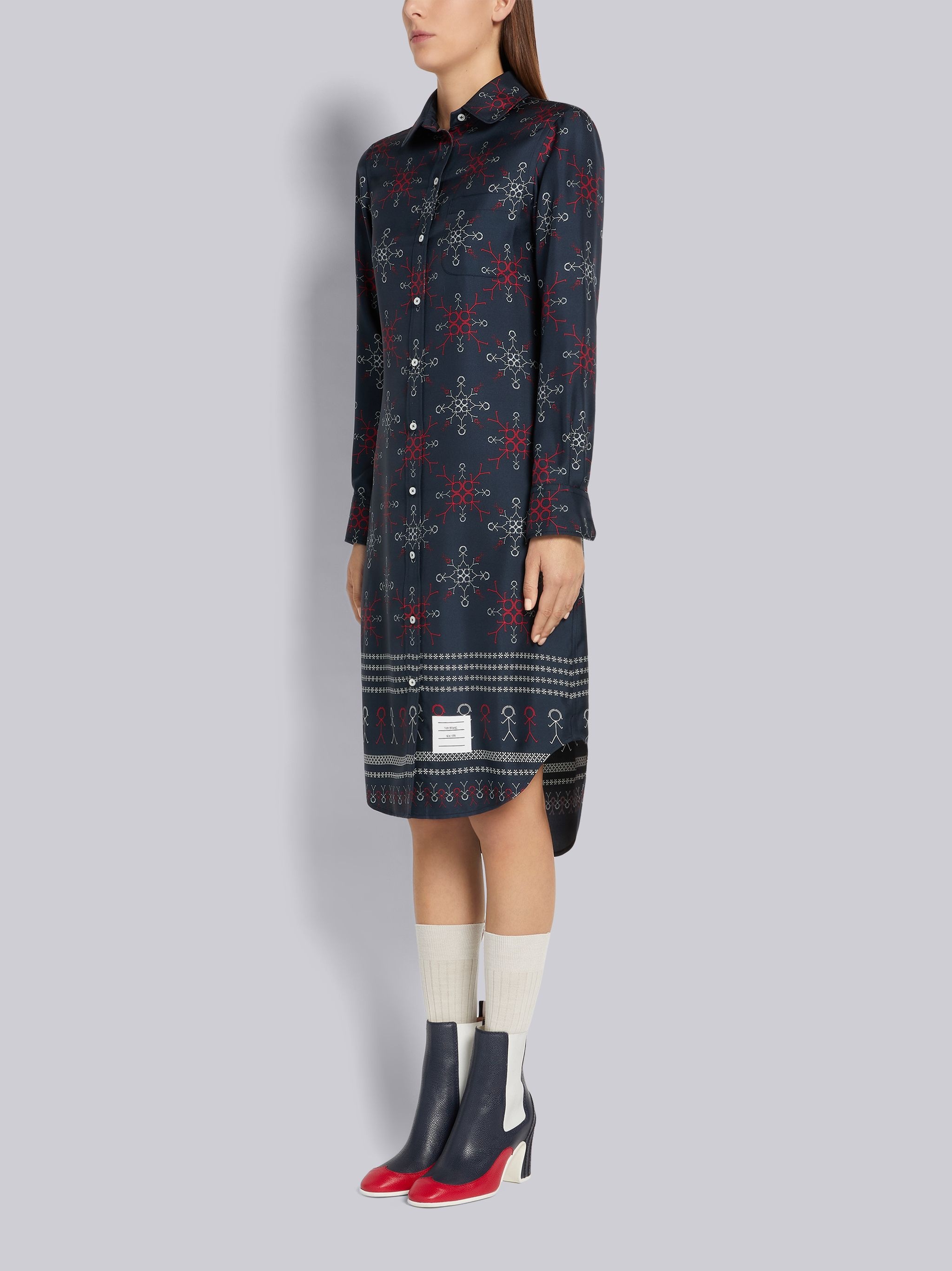 Multicolor Silk Twill Mrs. Thom Falling Snowflake Print Knee Length Round Collar Shirtdress - 2