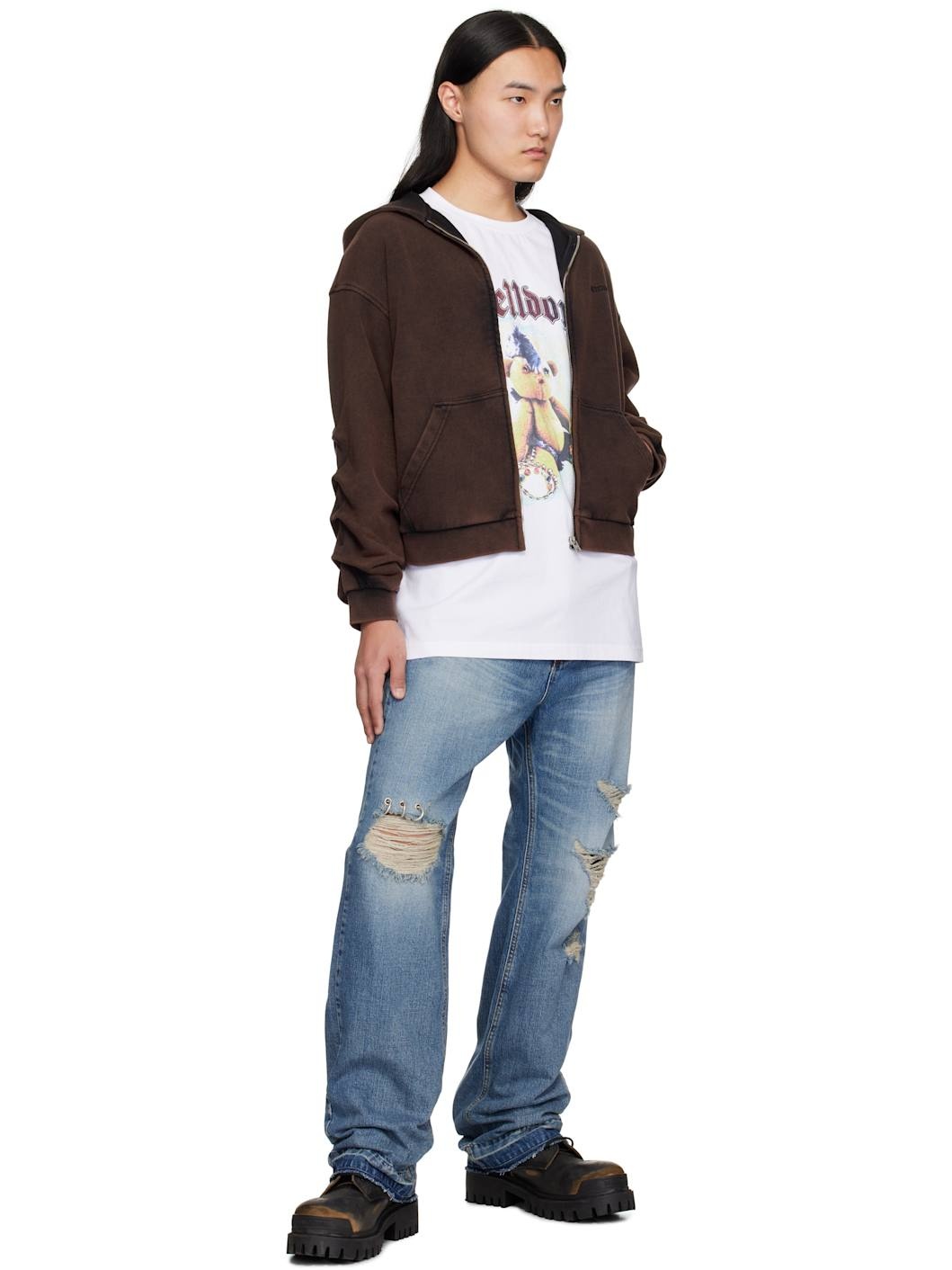 Brown Wrinkled Zip-Up Hoodie - 4