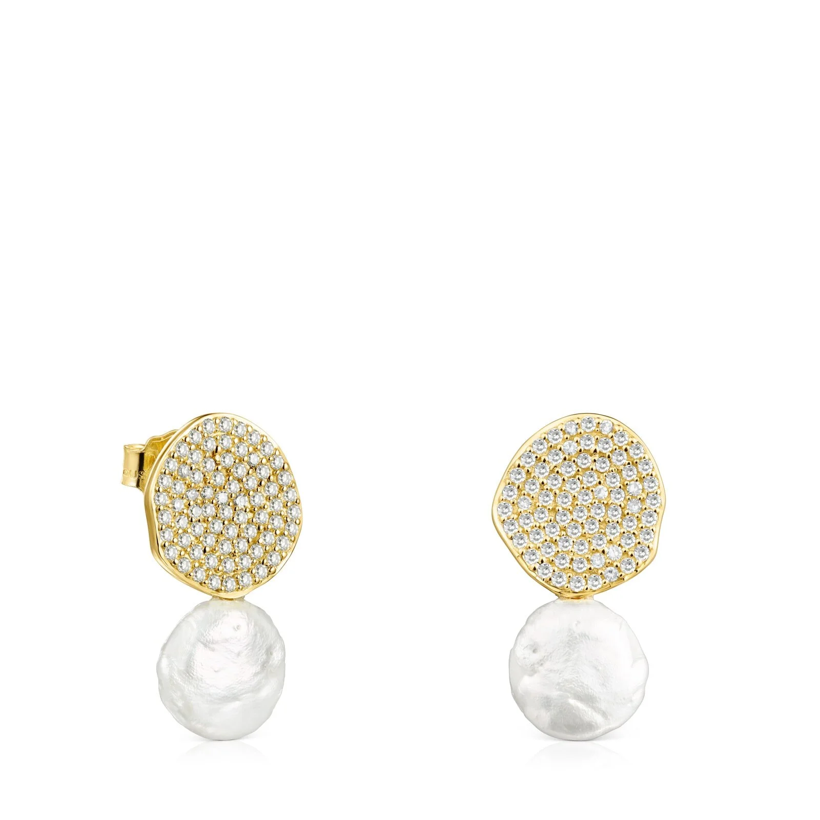 18K solid gold Nenufar Earrings with Diamonds and Pearl - 1