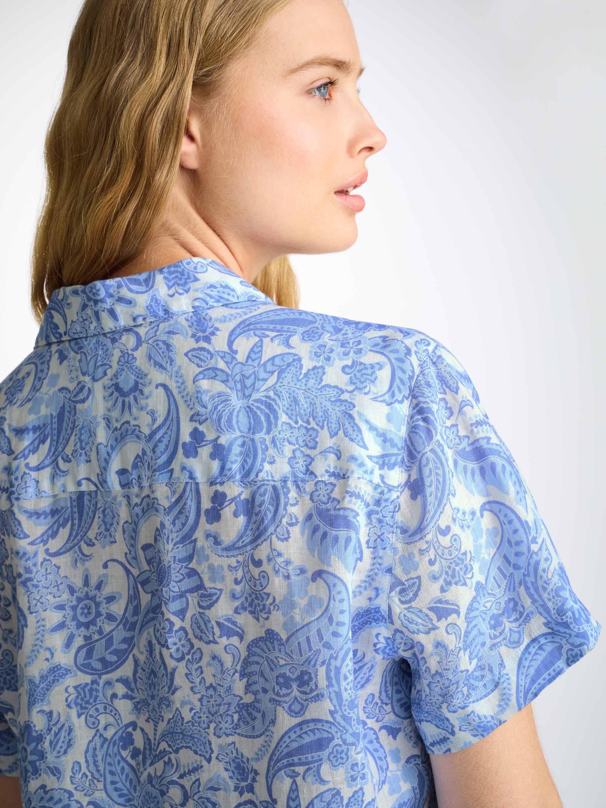 Women's Short Pajamas Linen White Jungle Paisley Print - 6