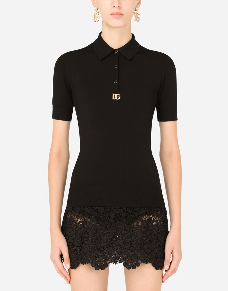 Short-sleeved viscose polo-shirt with crystal DG embellishment - 1