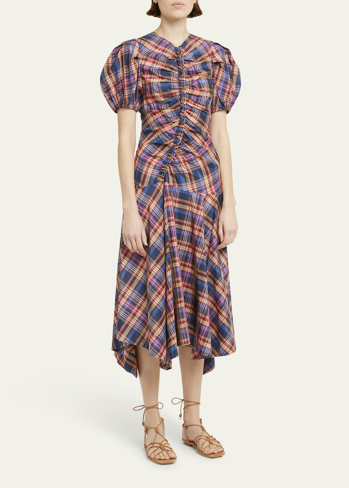 Heleen Puff-Sleeve Silk Cotton Plaid Midi Dress - 4