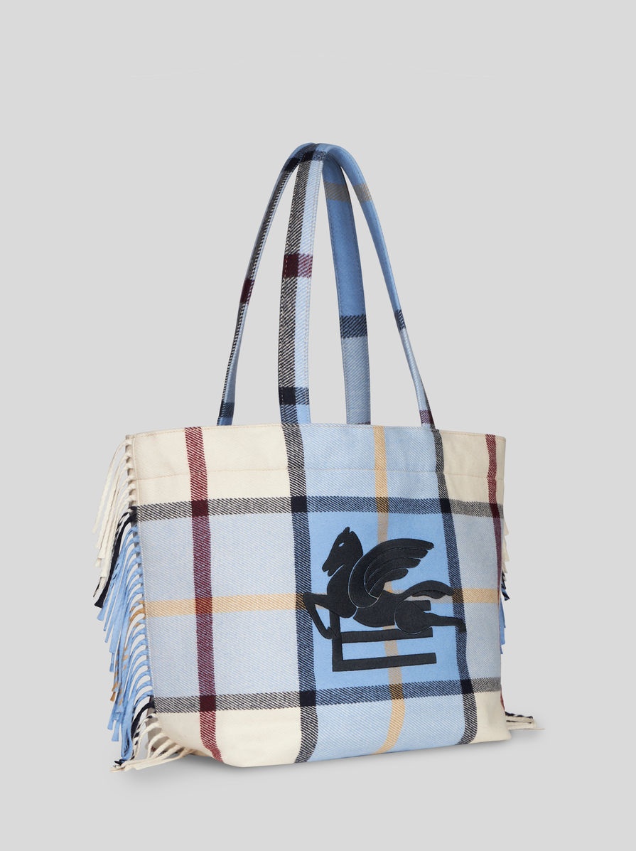 LARGE CHECK JACQUARD SOFT TROTTER TOTE BAG WITH FRINGING - 6