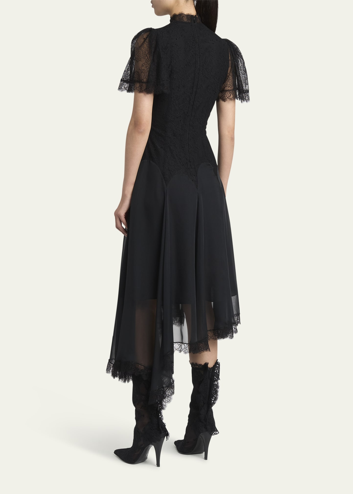 Draped Floral Lace High-Low Midi Dress - 3