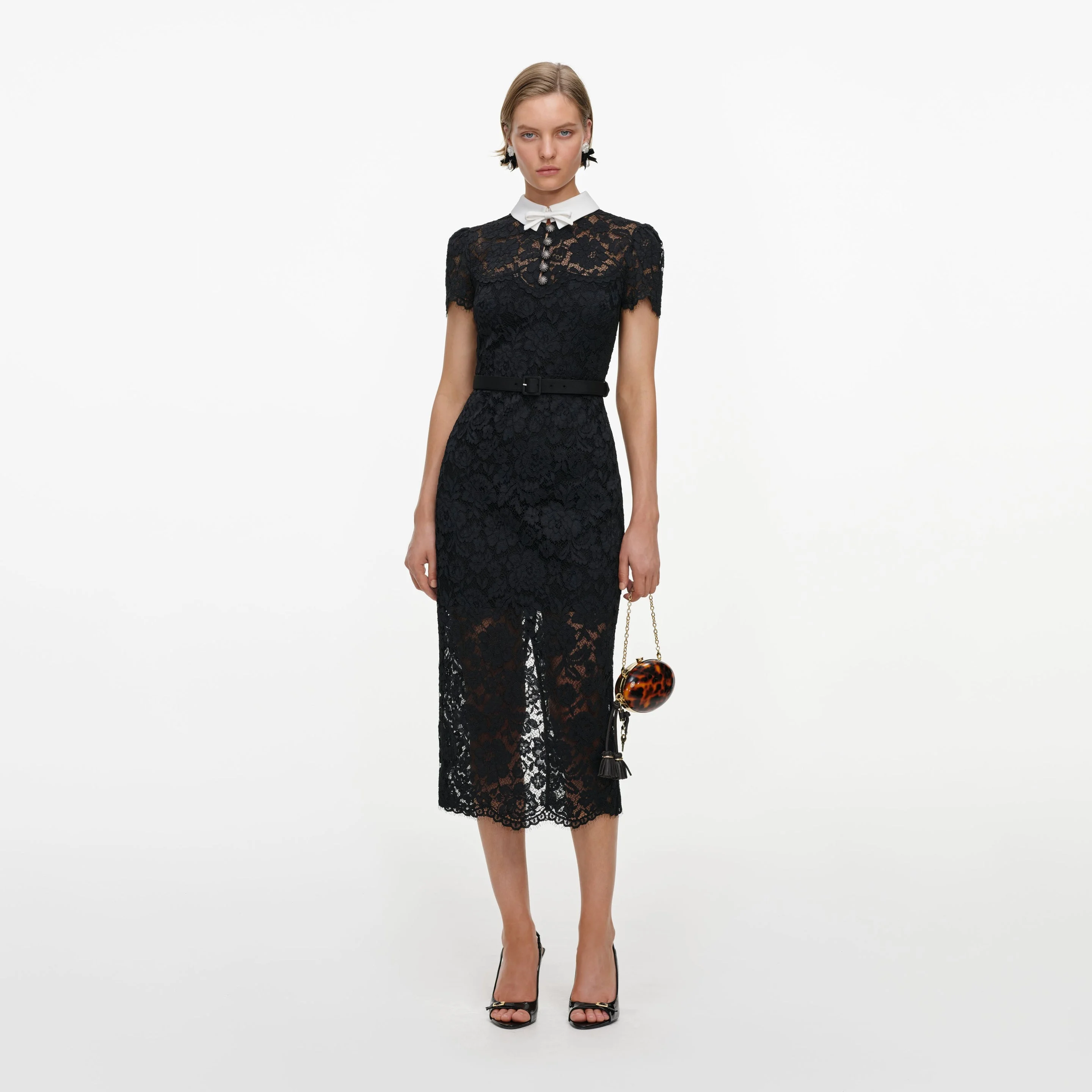 Black Lace Contrast Collar Midi Dress - 1