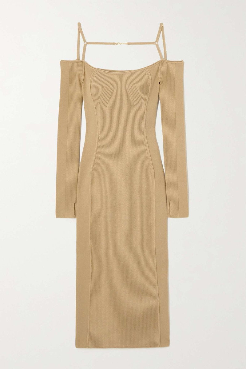 Sierra off-the-shoulder embellished ribbed-knit midi dress 1