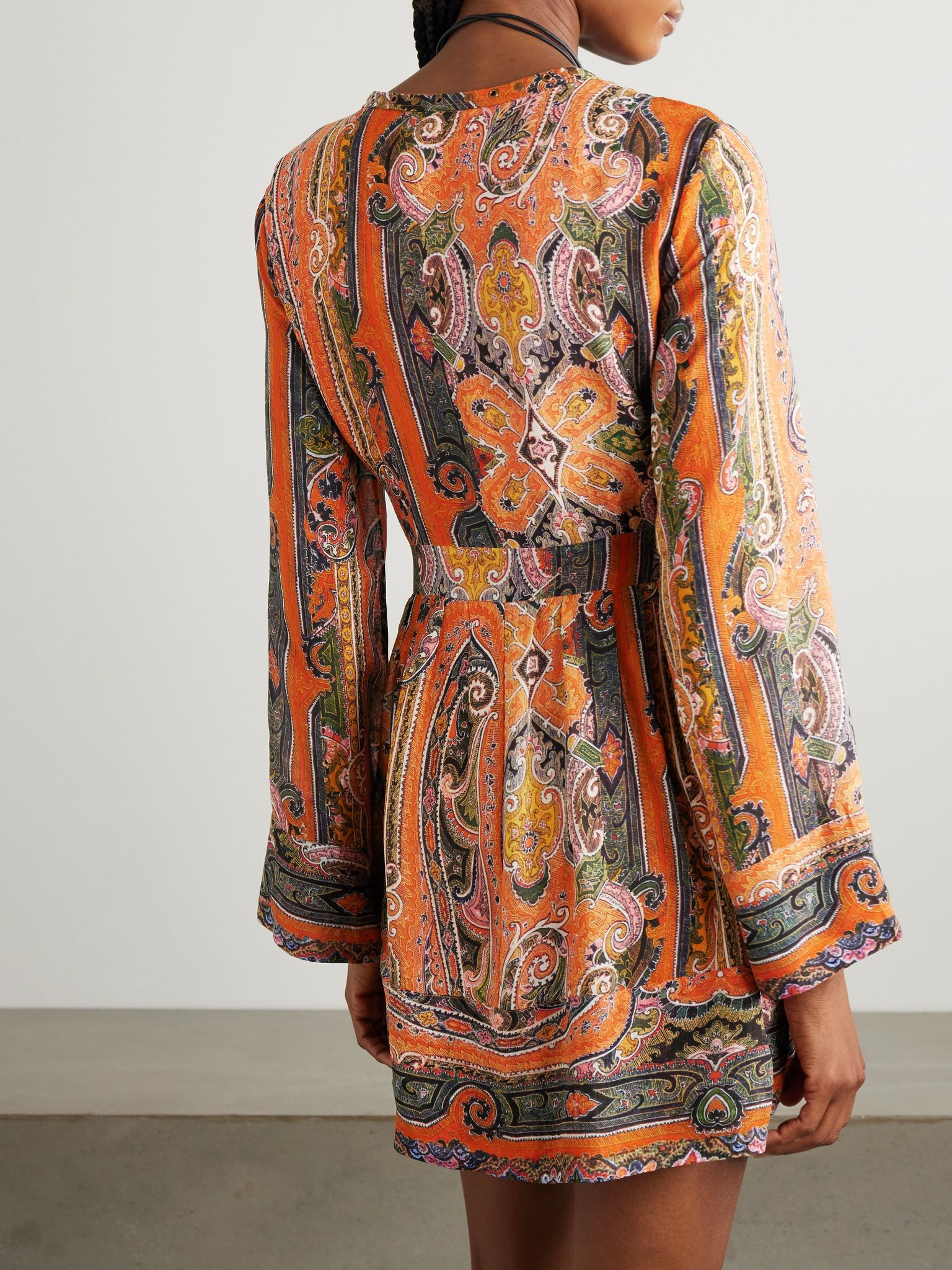 Morgane belted eyelet-embellished paisley-print silk-chiffon mini dress Orange - 3