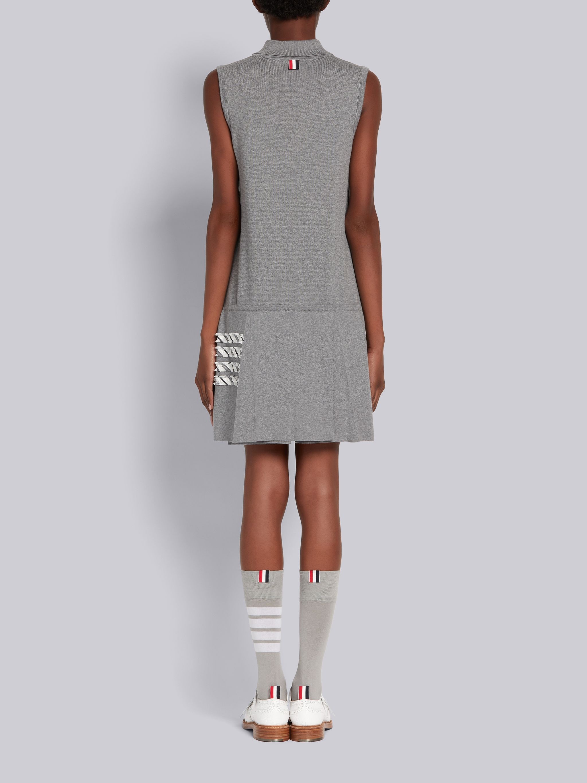 Light Grey Cotton Milano Stitch Silk Rep 4-Bar Stripe Sleeveless Pleated Polo Dress - 3