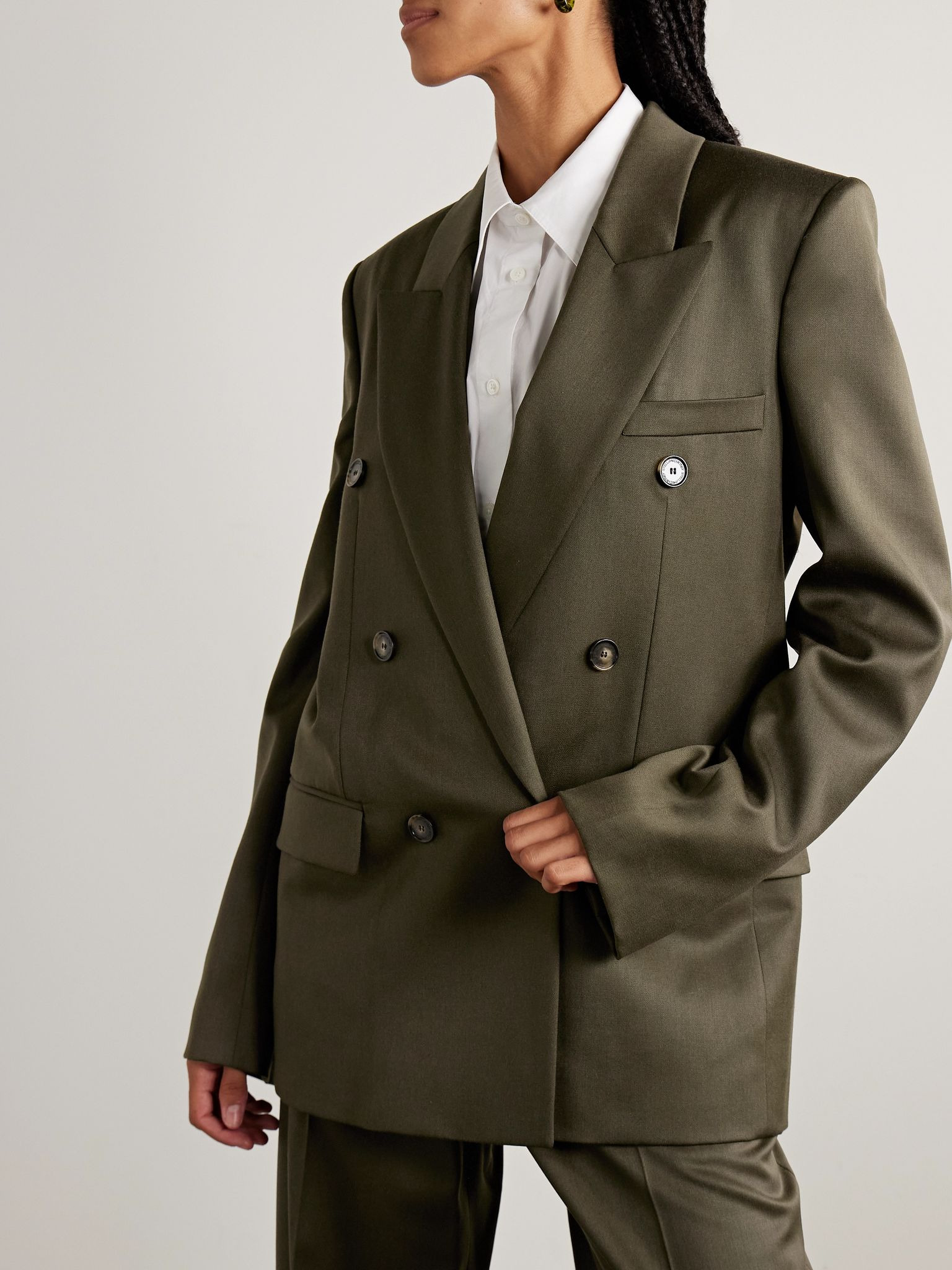 Double-breasted wool-crepe blazer Army green - 3
