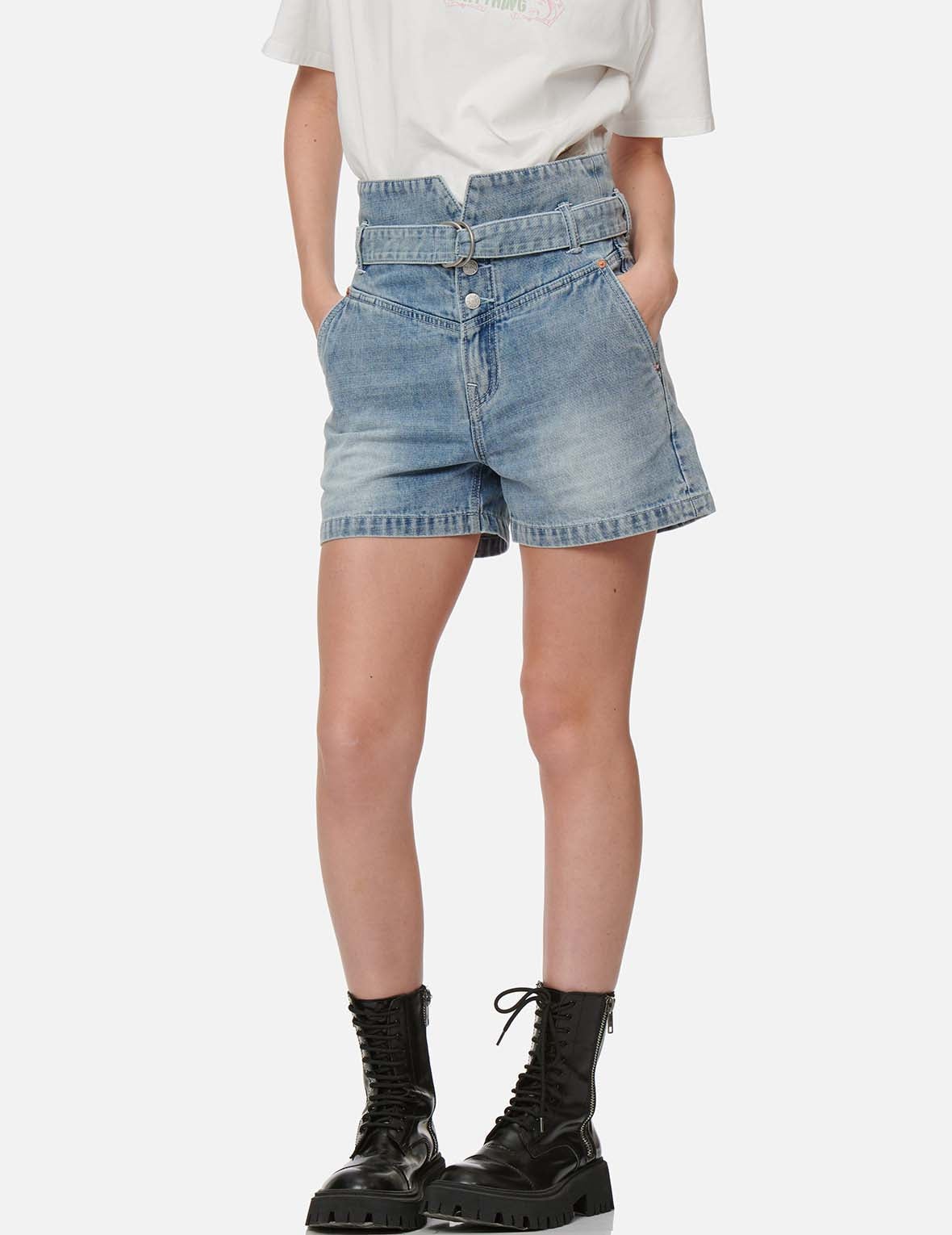 SEAGULL PRINT PAPER BAG DENIM SHORTS - 4