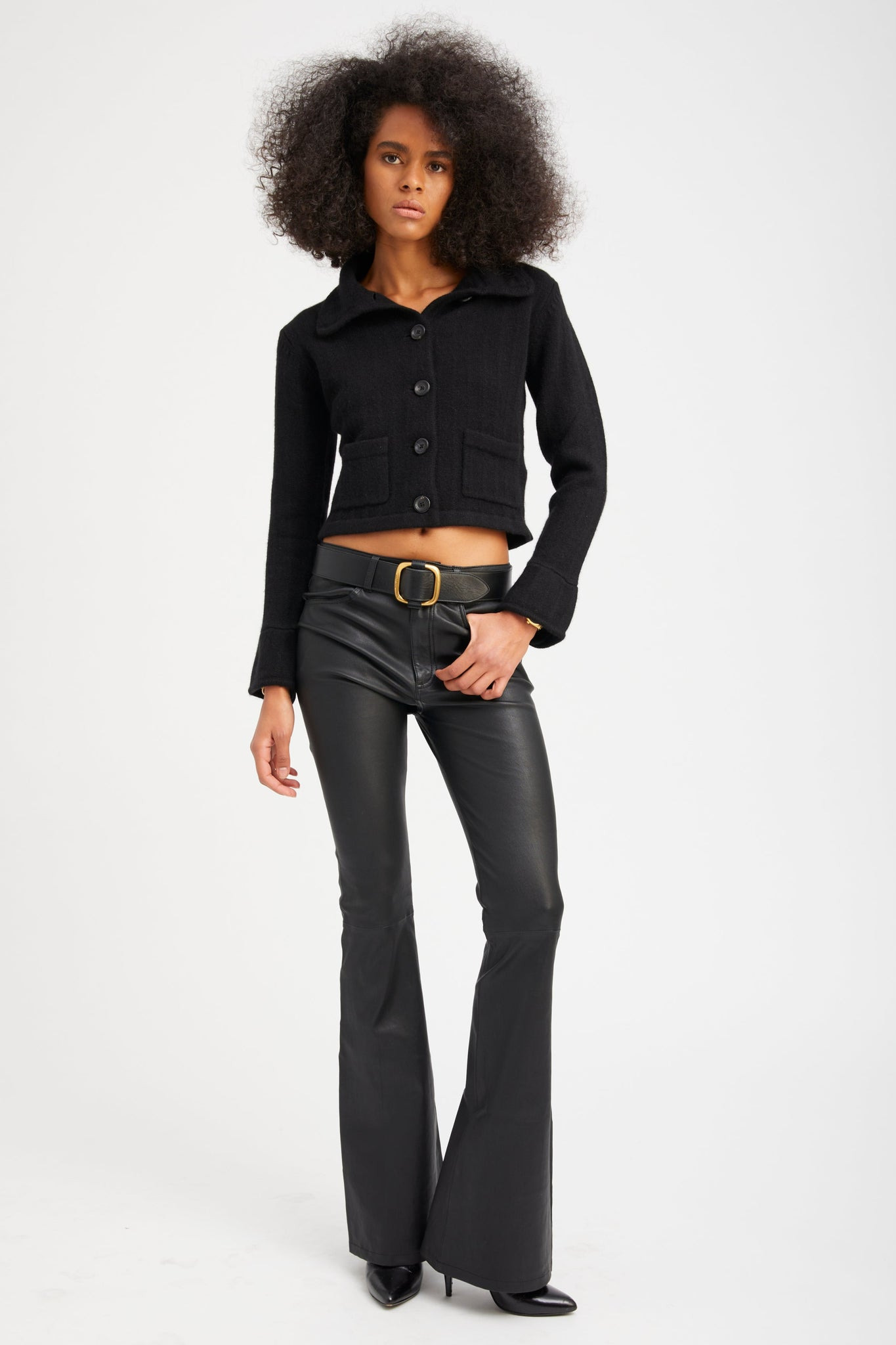 BLACK LEATHER 5 POCKET MICRO FLARE PANTS - 6
