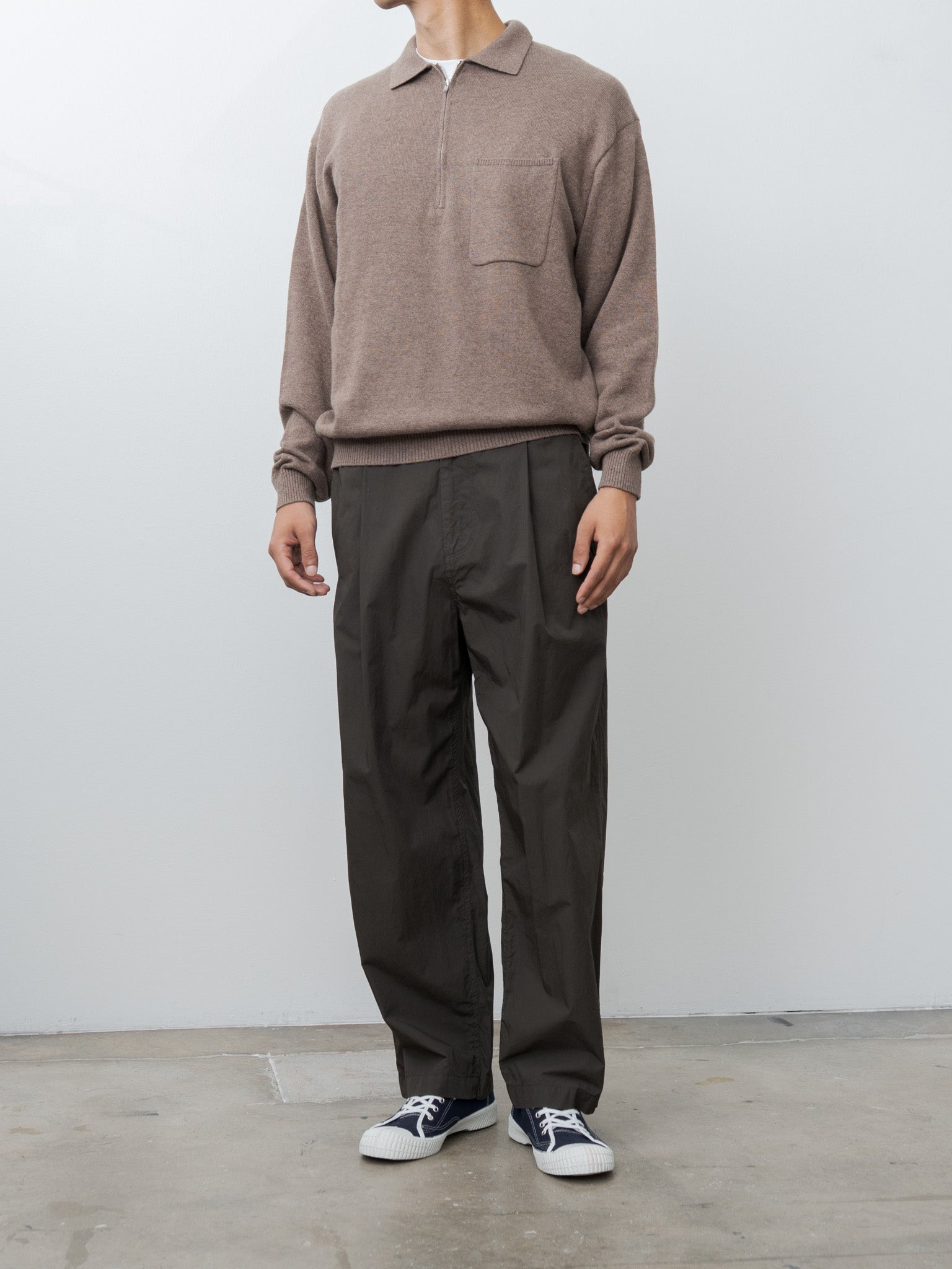 Linen Wool Brushed Zip Up Polo Sweater - Camel - 9