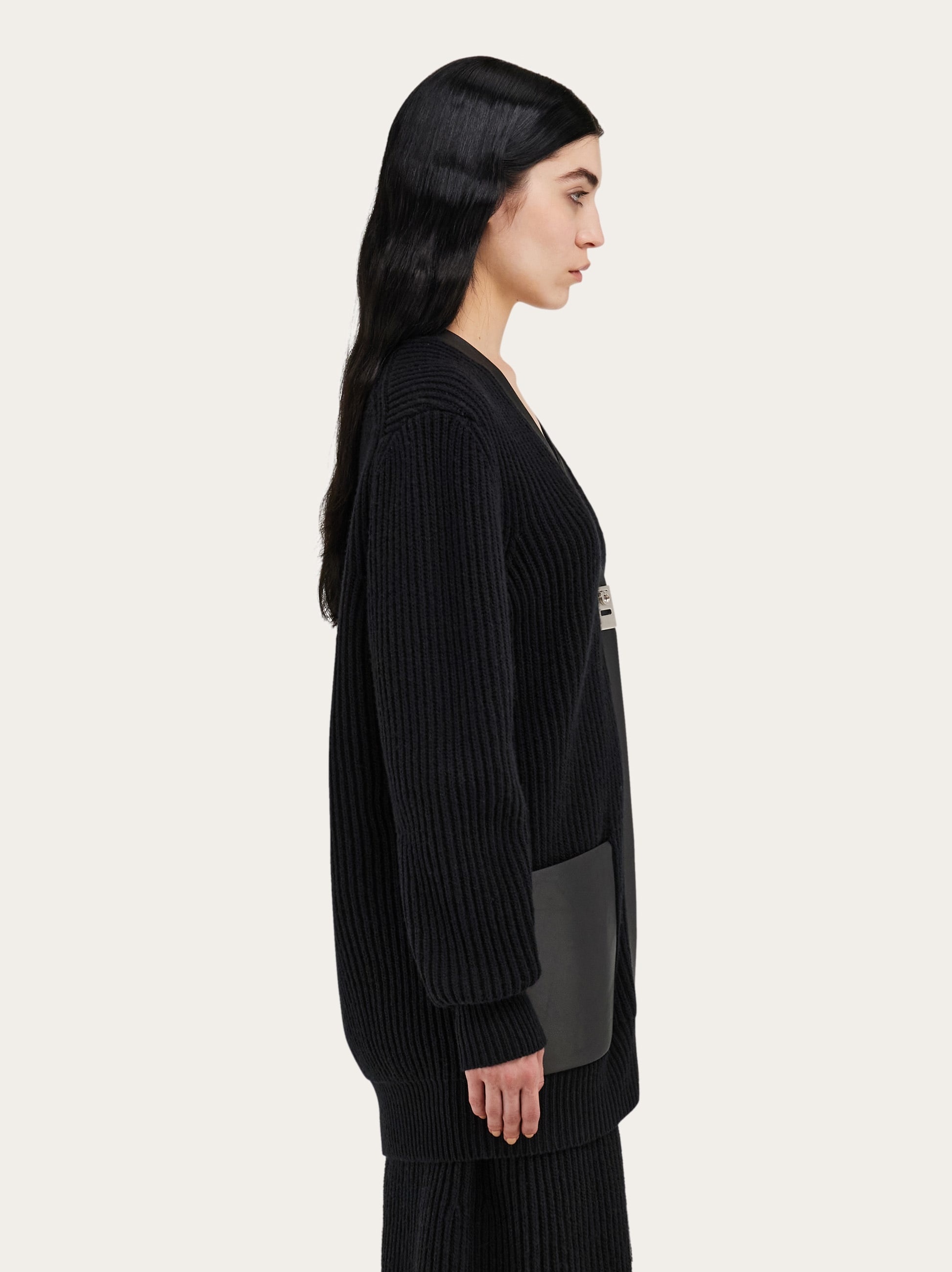 Longline cardigan with leather trim - 3