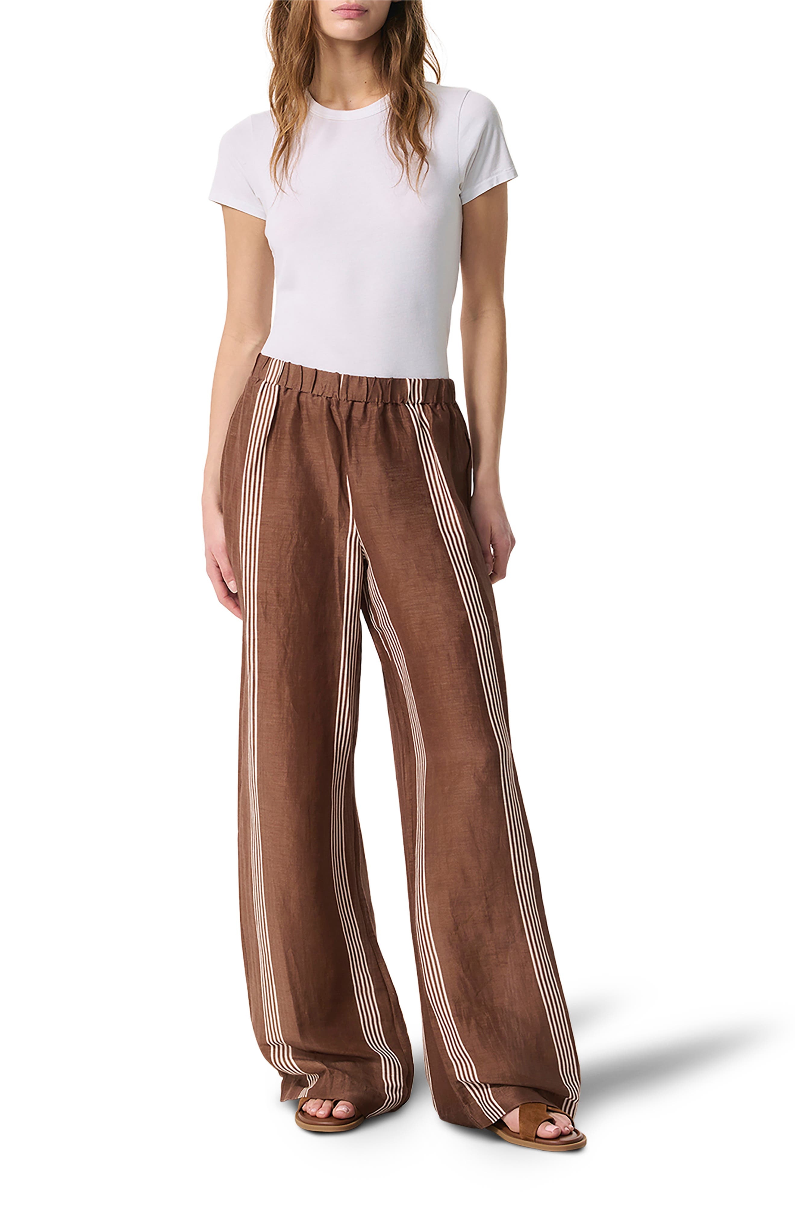 rag & bone Olivia Stripe Linen & Silk Pants in Brown Stripe at Nordstrom - 6