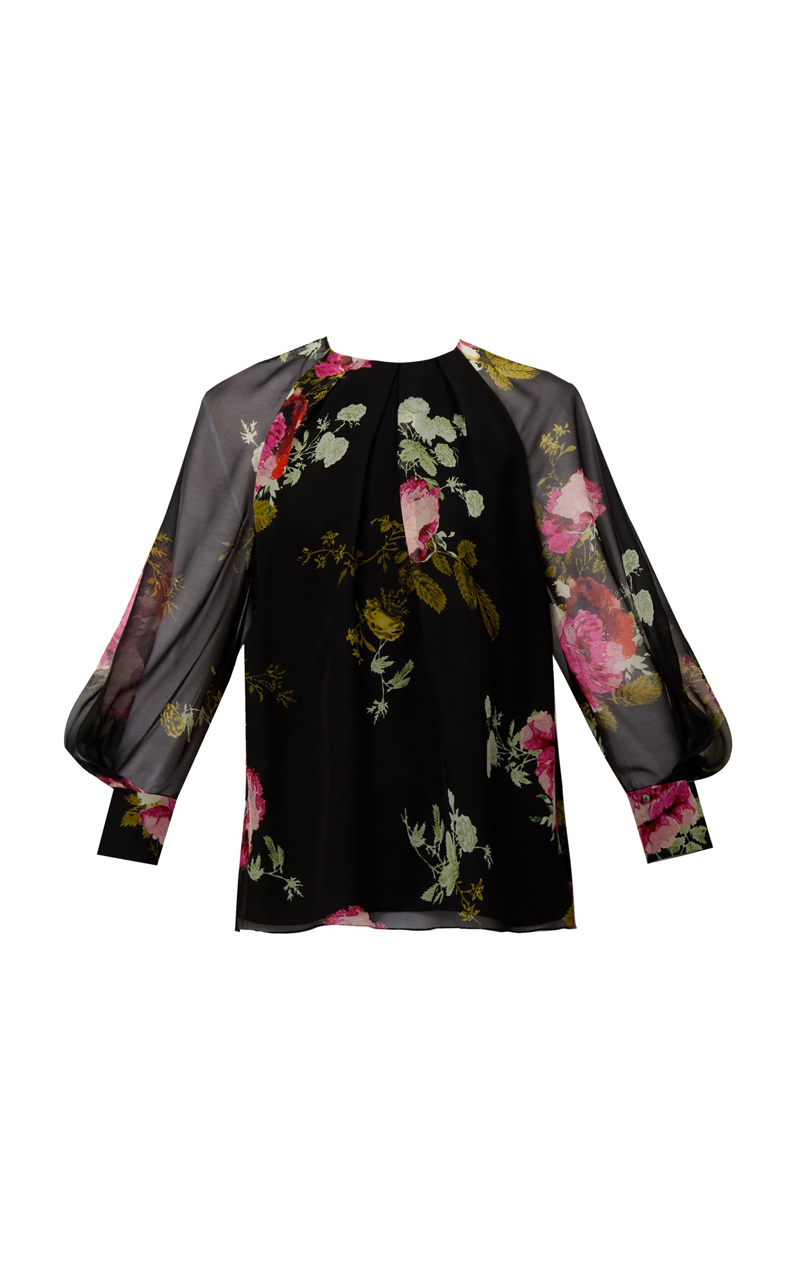 Gathered Floral Silk Blouse black - 1