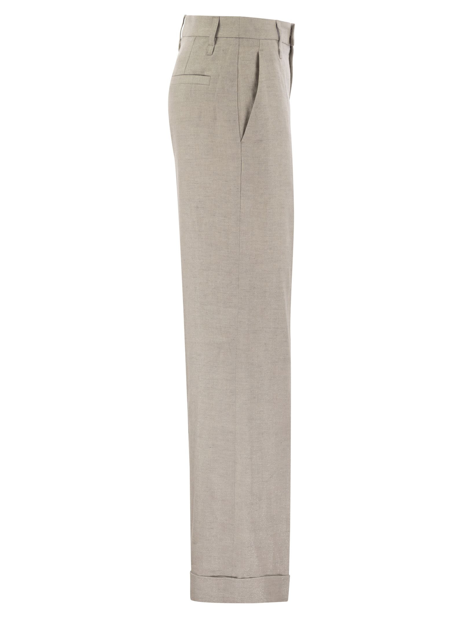 Brunello Cucinelli Women Flared Loose-Fitting Trousers In Sparkling Linen Twill With Necklace - 3