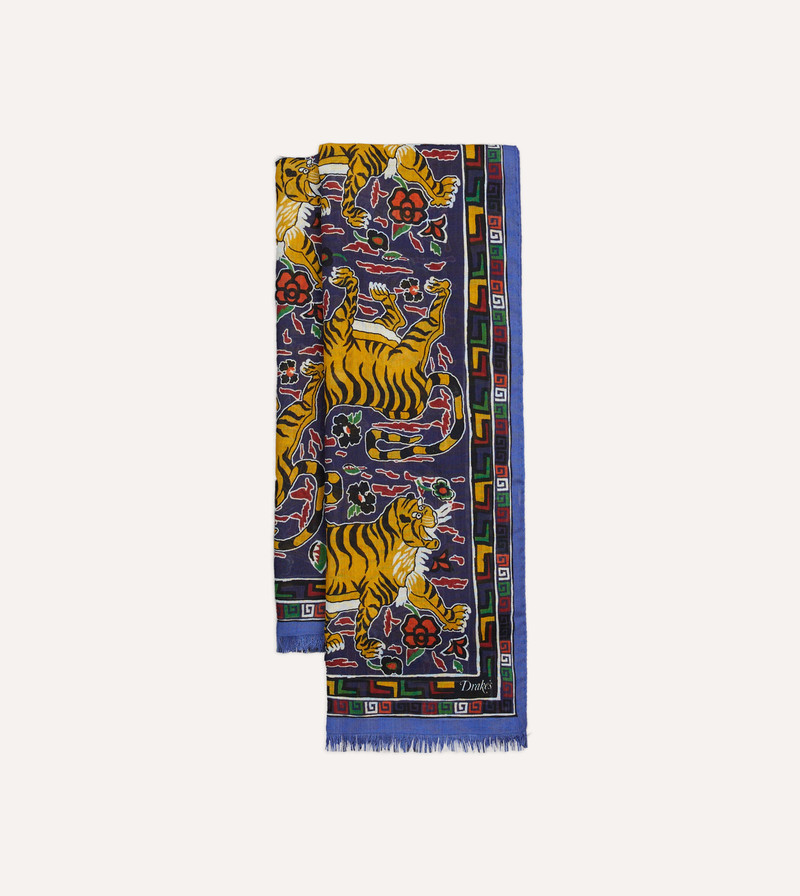 Blue Tiger Print Wool-Silk Scarf 1
