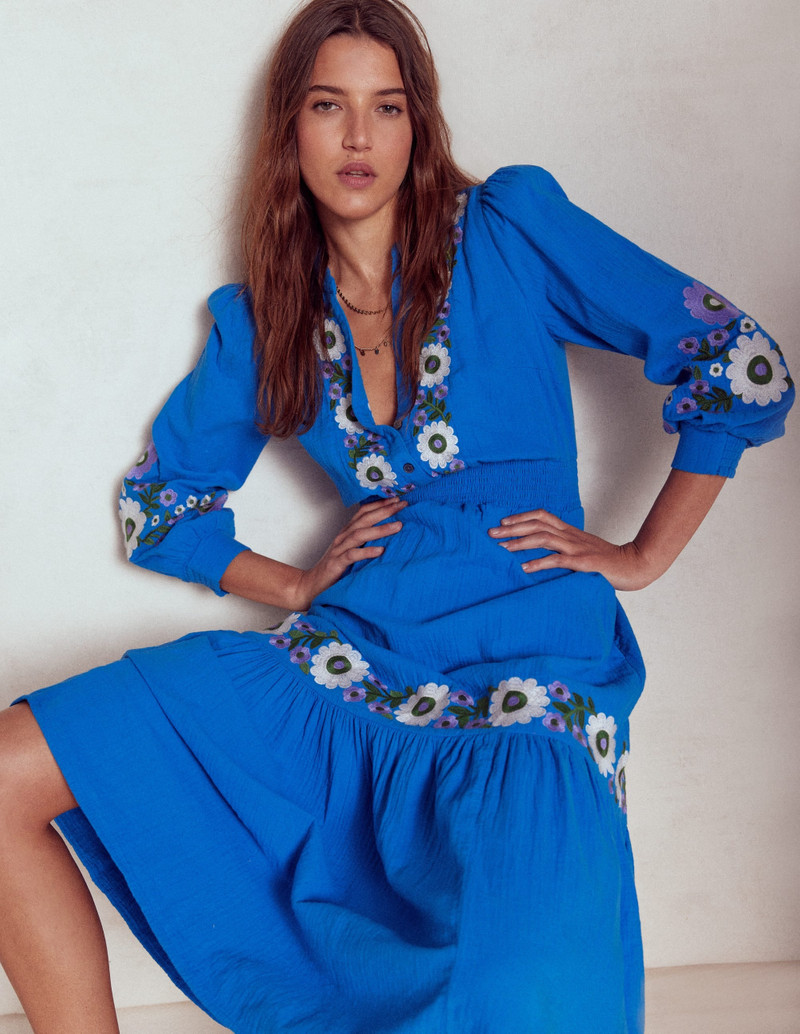Elena Double Cloth Midi Dress-Blue Embroidery 4