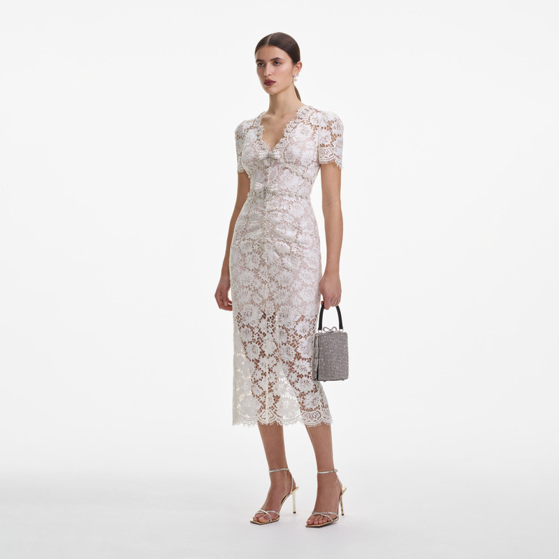 Cream Fine Lace Pearl Midi Dress 2
