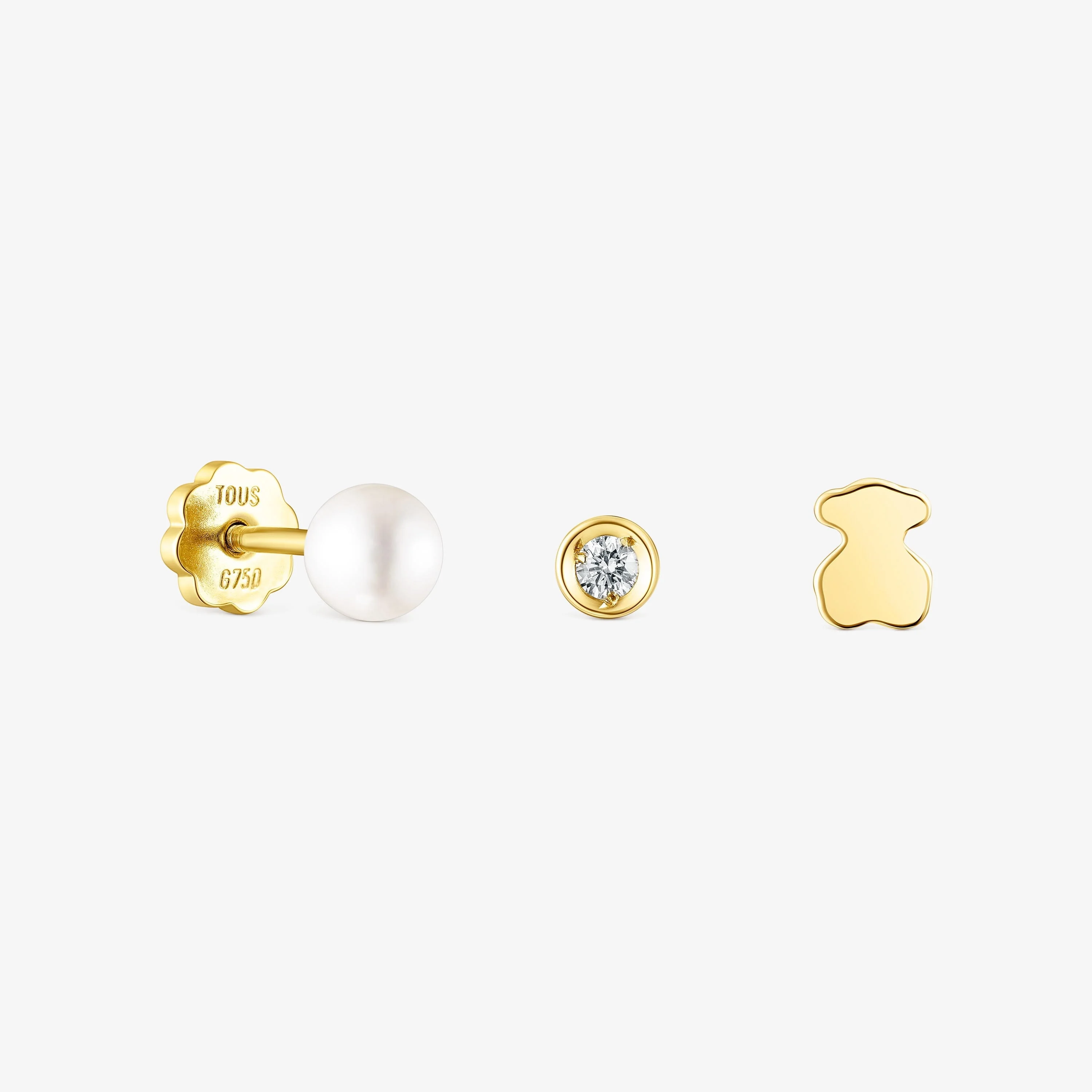 Pack of 18K solid gold TOUS Pearl ear Piercings with diamond and pearl - 1