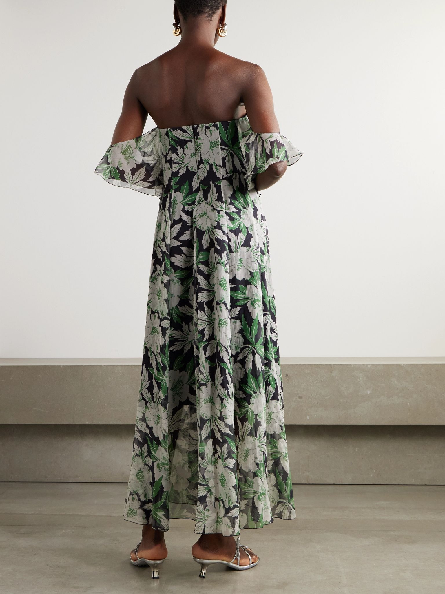 Off-the-shoulder floral-print silk-crepon midi dress Green - 3