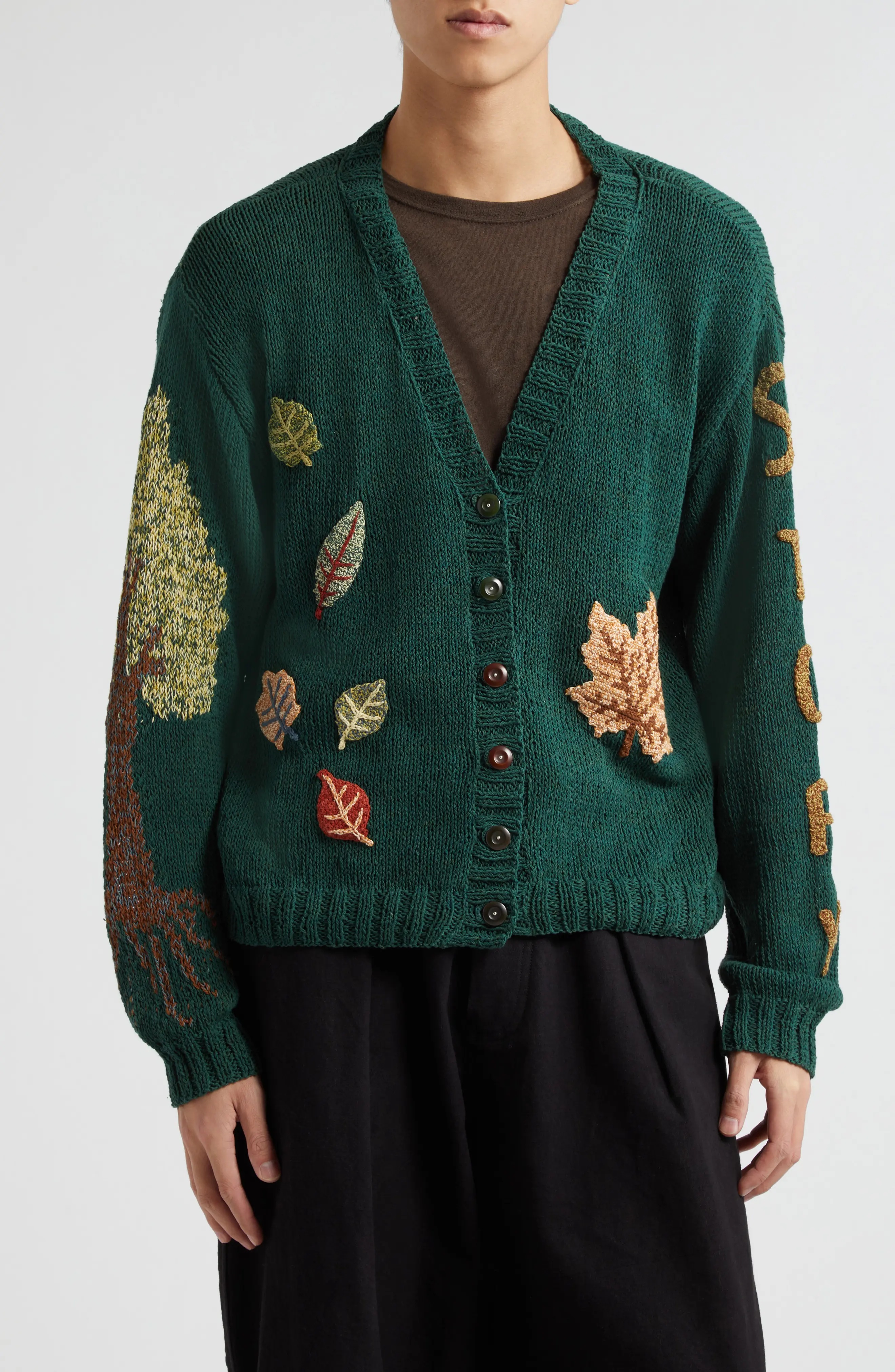 Twinsun Crochet Appliqué Hand Knit Organic Cotton V-Neck Cardigan - 1