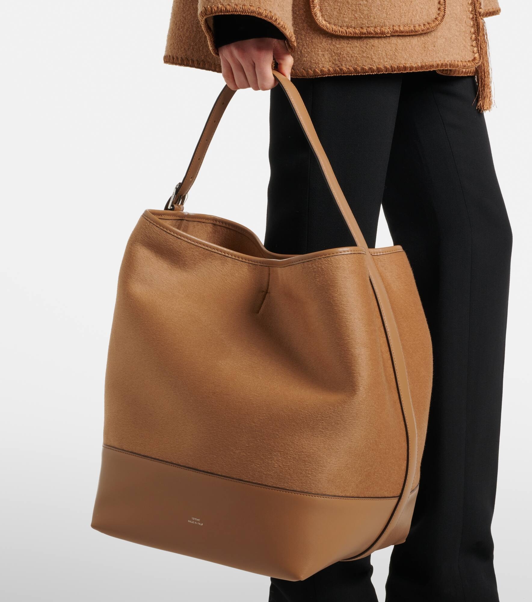 Belted leather-trimmed wool tote bag - 2