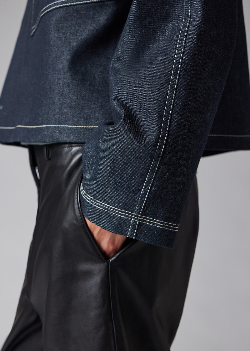 Denim Cotton-Blend Cropped Asymmetric Jacket with Topstitching 11