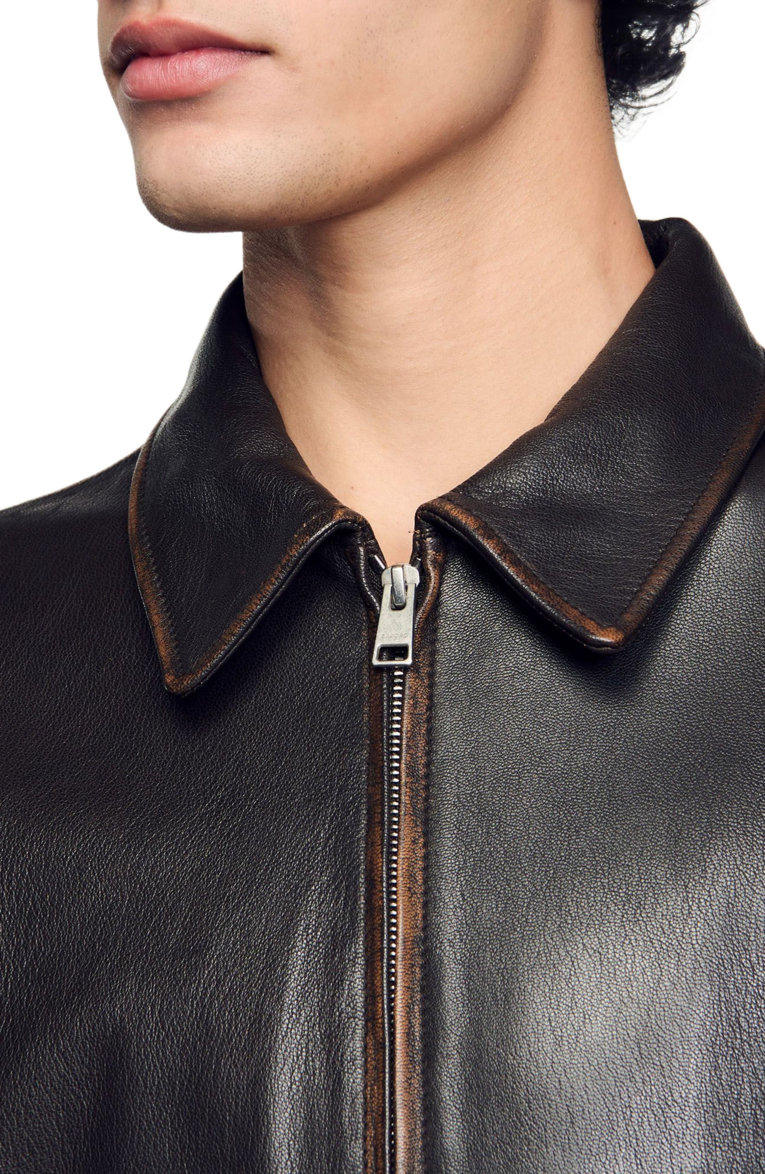SANDRO Distressed-look leather jacket in Moka. at Nordstrom - 3