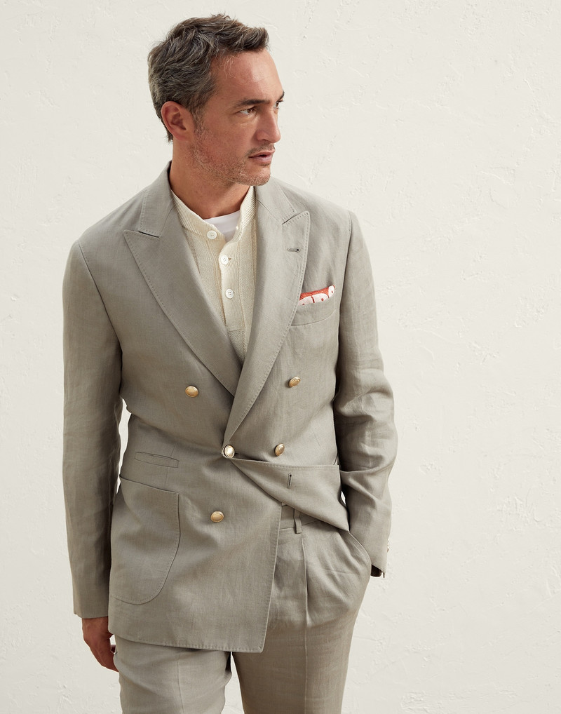Linen chevron one-and-a-half breasted deconstructed blazer with patch pockets and metal buttons 1