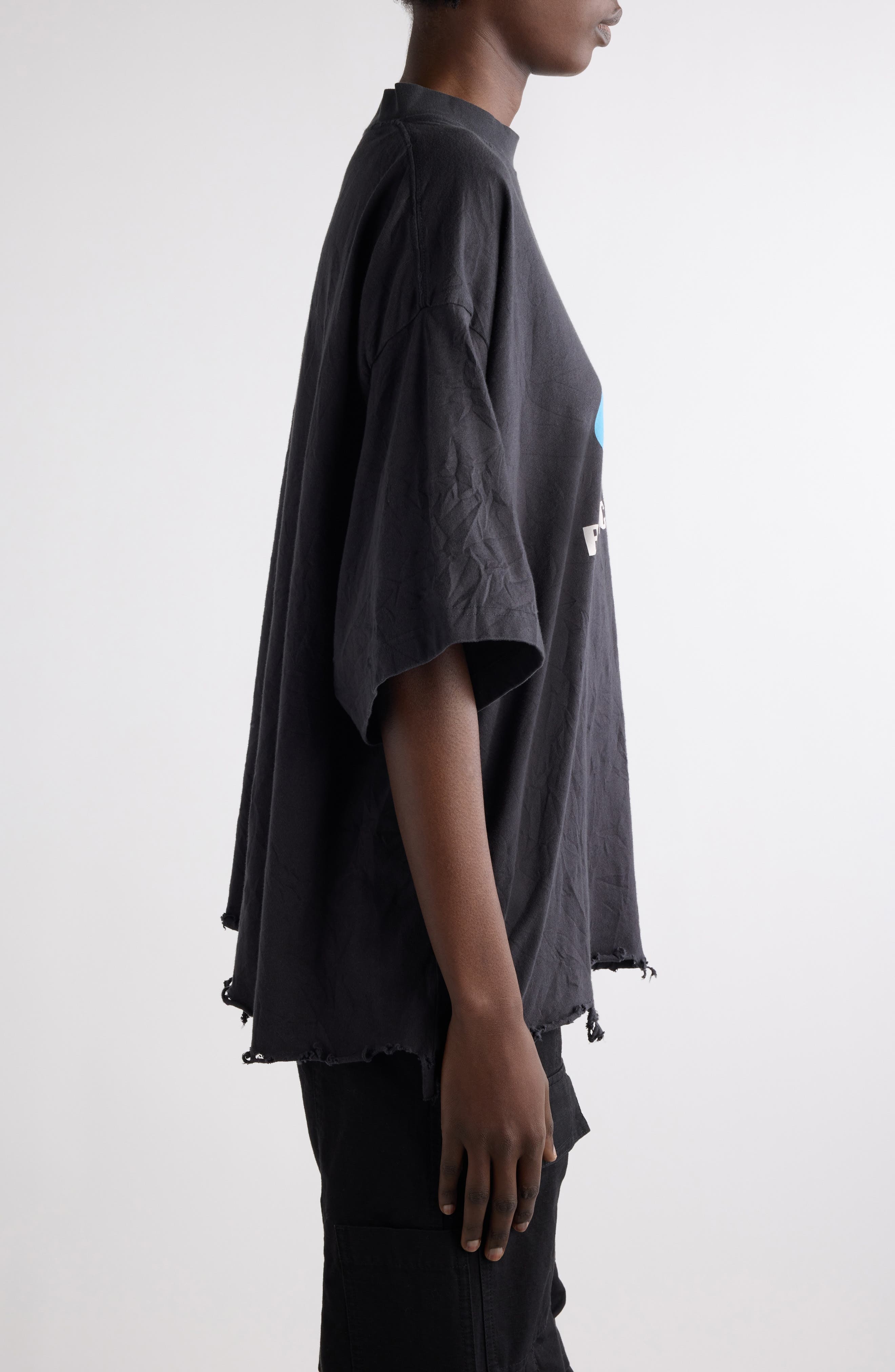 Balenciaga Logo Oversize Distressed Cotton Graphic T-Shirt in Washed Black/Blue at Nordstrom - 4