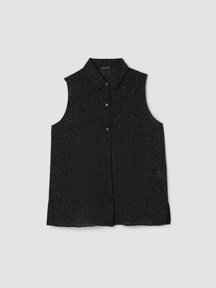 Puckered Organic Linen Grid Sleeveless Shirt - 1