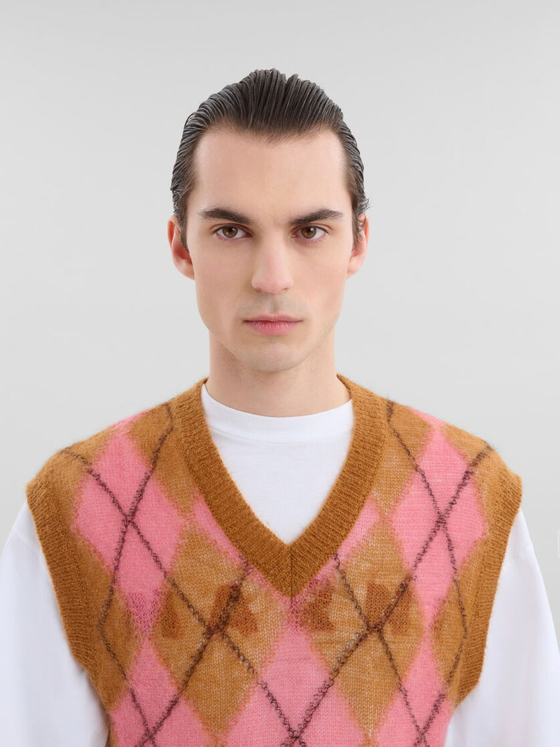BROWN MOHAIR ARGYLE VEST WITH FLOATING THREADS 4