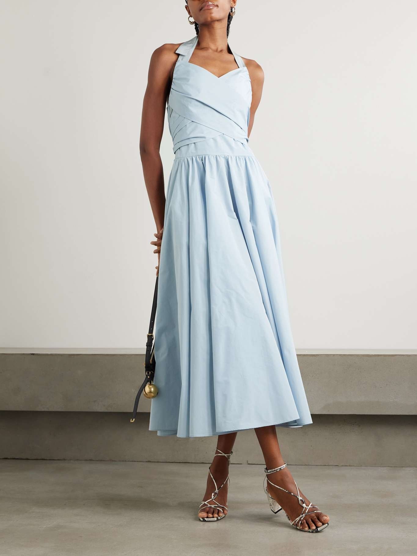 Pleated poplin halterneck midi dress Light blue - 2