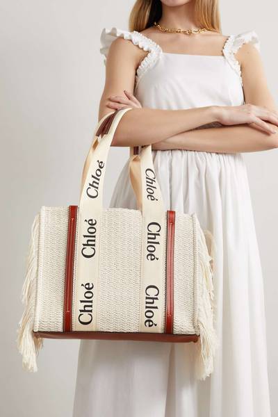 Chloé Woody medium leather-trimmed fringed recycled cotton tote outlook