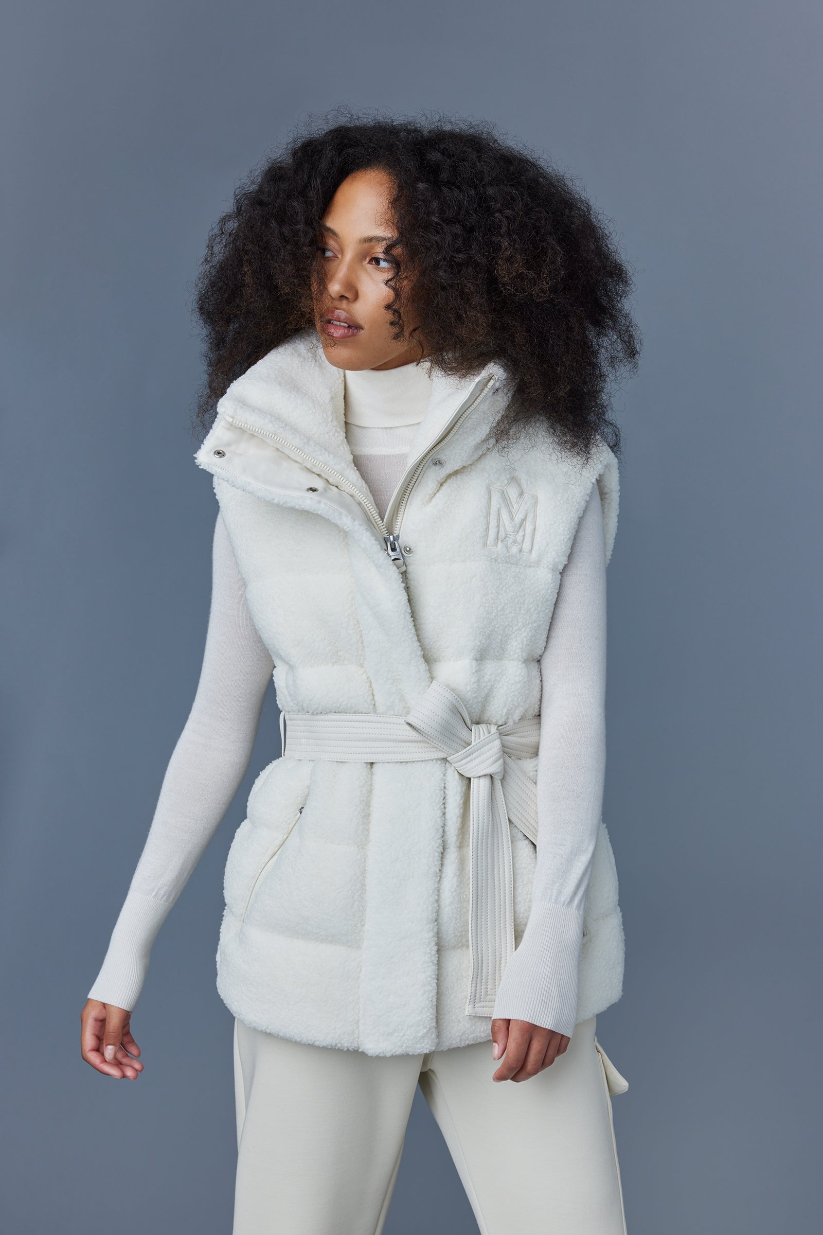 ZERINA teddy down funnel vest with sash belt - 5